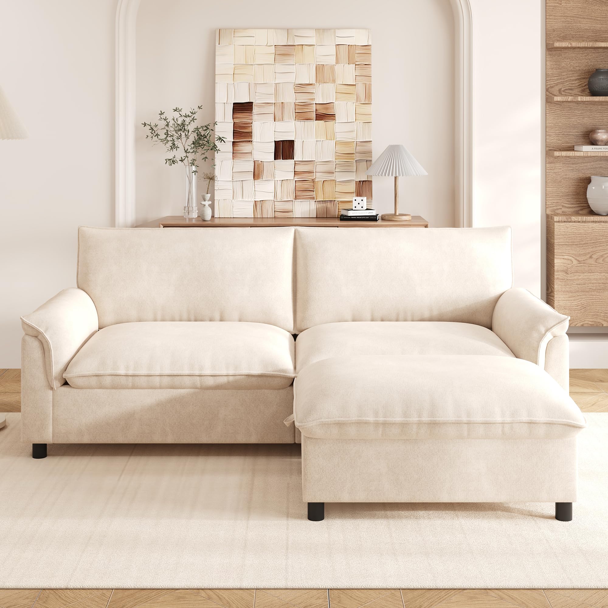 Merax Ecksofa L-Form 2-Sitzer Cloud Sofa mit Stauraum, Modulare Couch mit Flexibler Ottomane, Kleines Schlafsofa Polstersofa mit hoher Rückenlehne für Wohnzimmer, 216cm, Beige