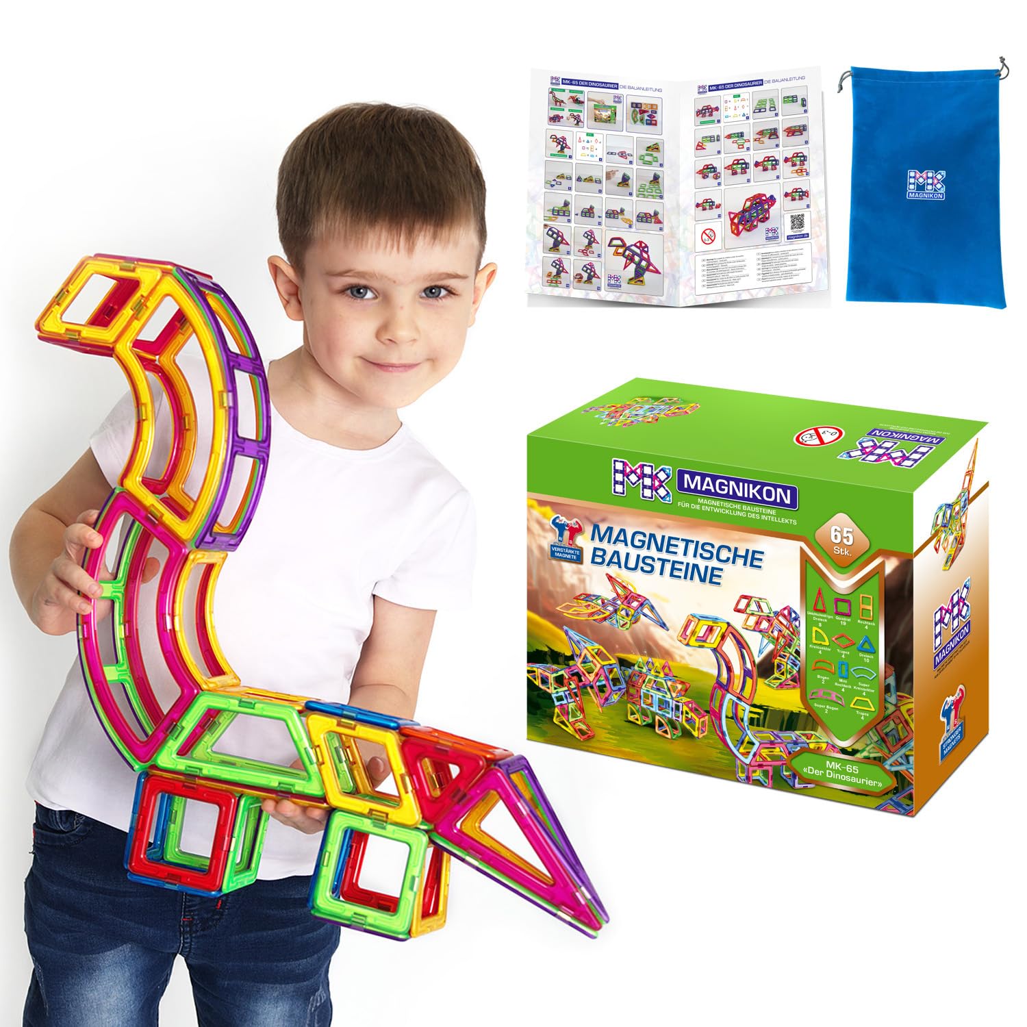 MAGNIKON Magnetische Bausteine Dinosaurier, Magnetbausteine, Bauklötze | Magnetsteine, Bausteine 65 Teile, Magnete für Kinder, Baukasten, Konstruktionsspielzeug, Magnet Spiel, Motorikspielzeug