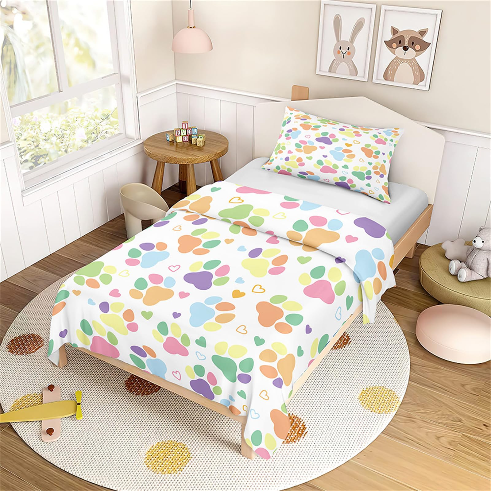 Mateju Cute Paw Print Kids Duvet Cover Set 120x140cm, Soft Microfiber Toddler Bedding Set with Pillowcase, Cartoon Dog Paw & Bone Pattern Quilt Cover for Children Bedroom Decor (Macaron Colors)