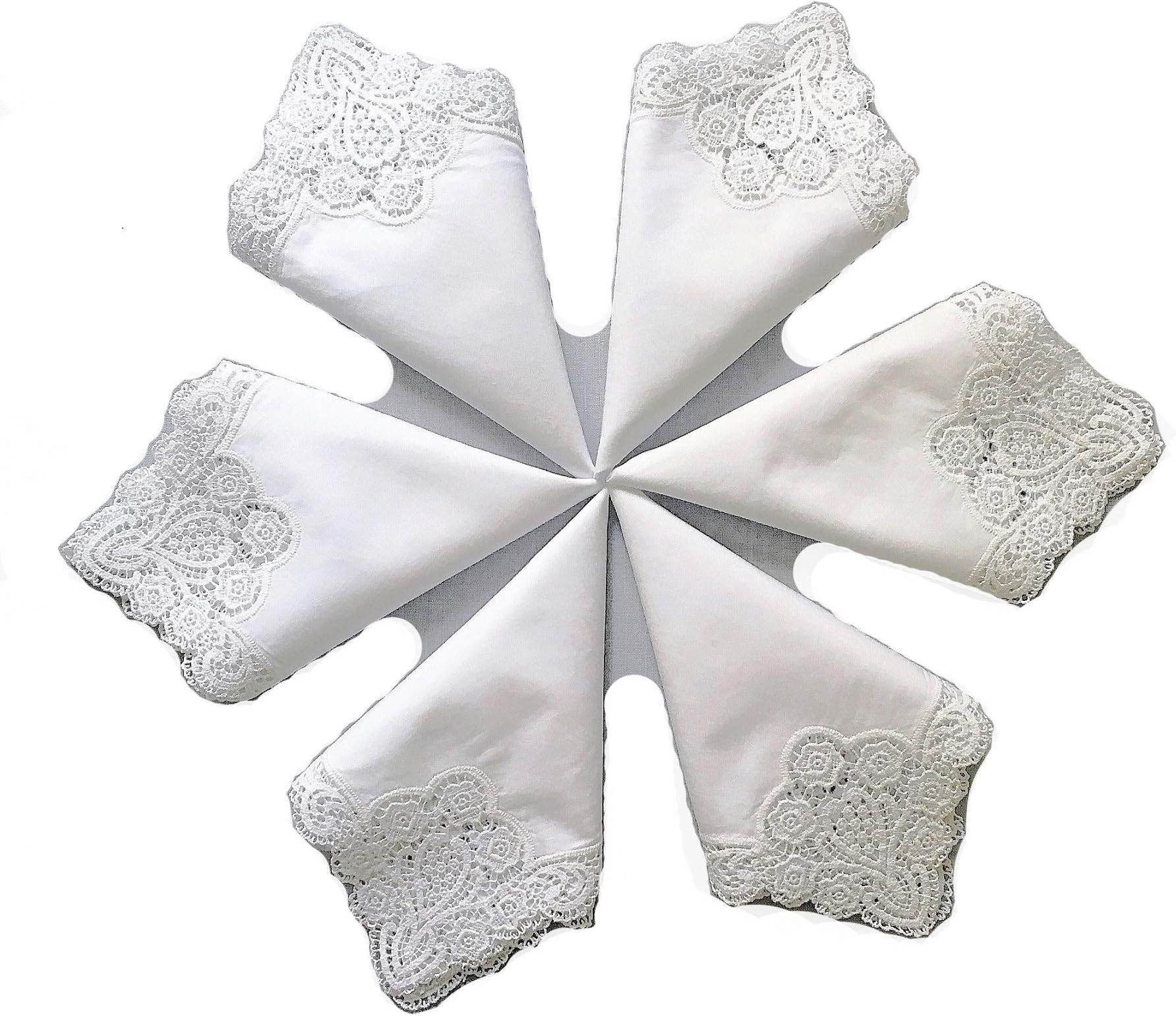 Set of 6 Wedding Embroidery Crochet Lace Trim Handkerchief For Bride & Ladies/White