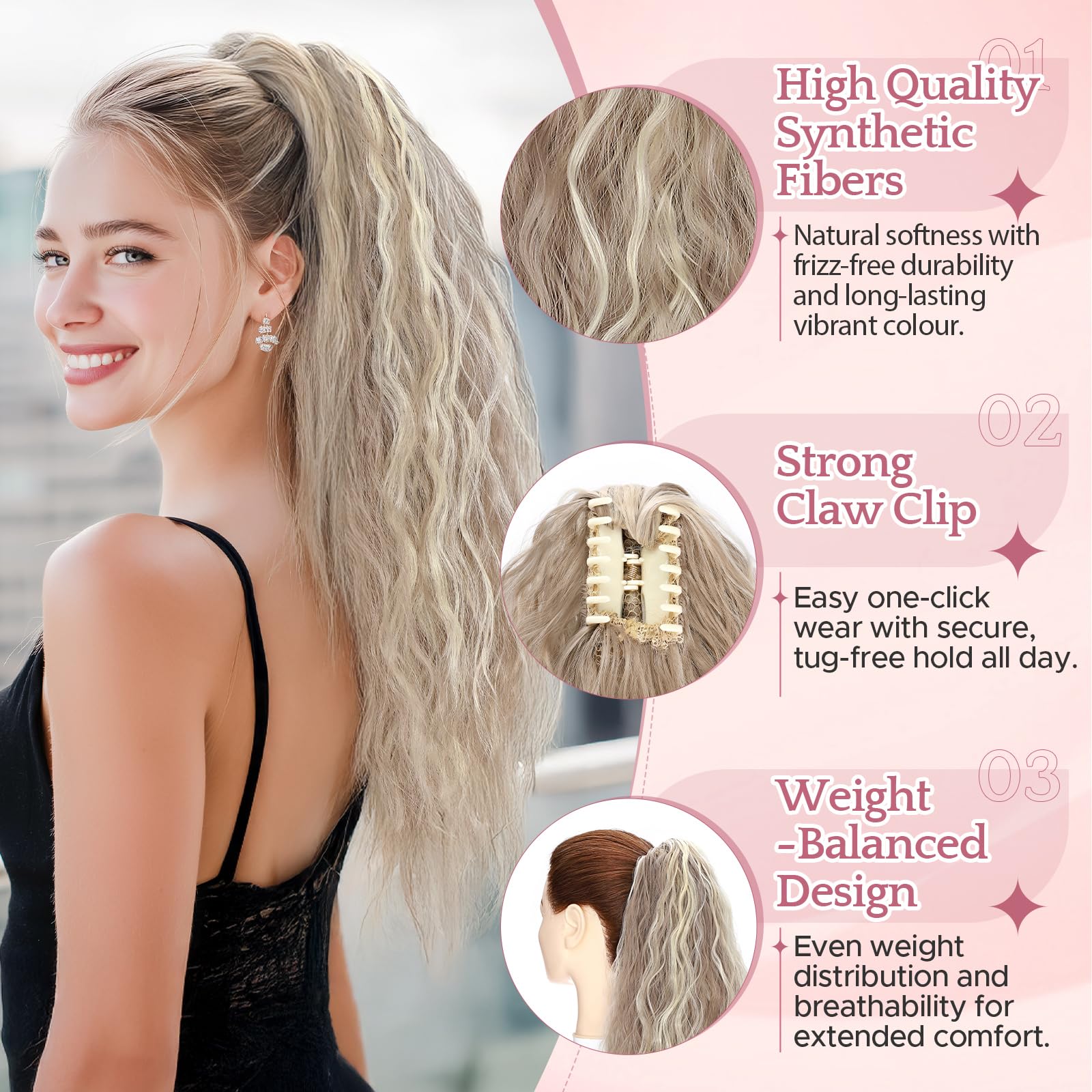 SEGO Pro Claw Clip Ponytail Hair Extensions Synthetic Pony Tail Hair Pieces for Women 24 Inch Wavy 165g (Sandy Blonde & Bleach Blonde) - Image 2