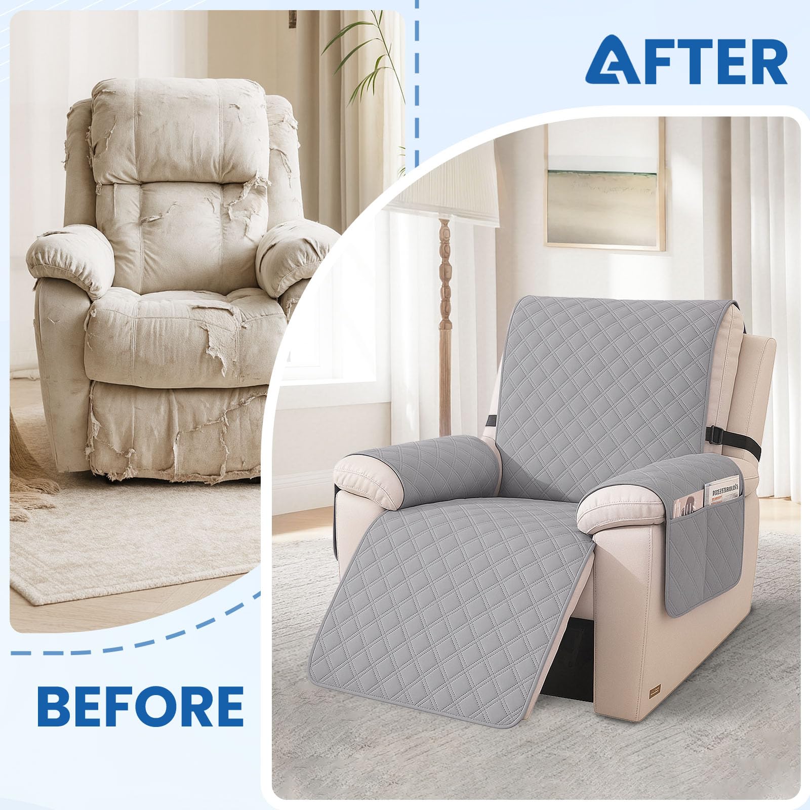 Housse Fauteuil Relax 1 Place Étanche Inclinable Antidérapant avec Poches Latérales Lavable Gris Clair