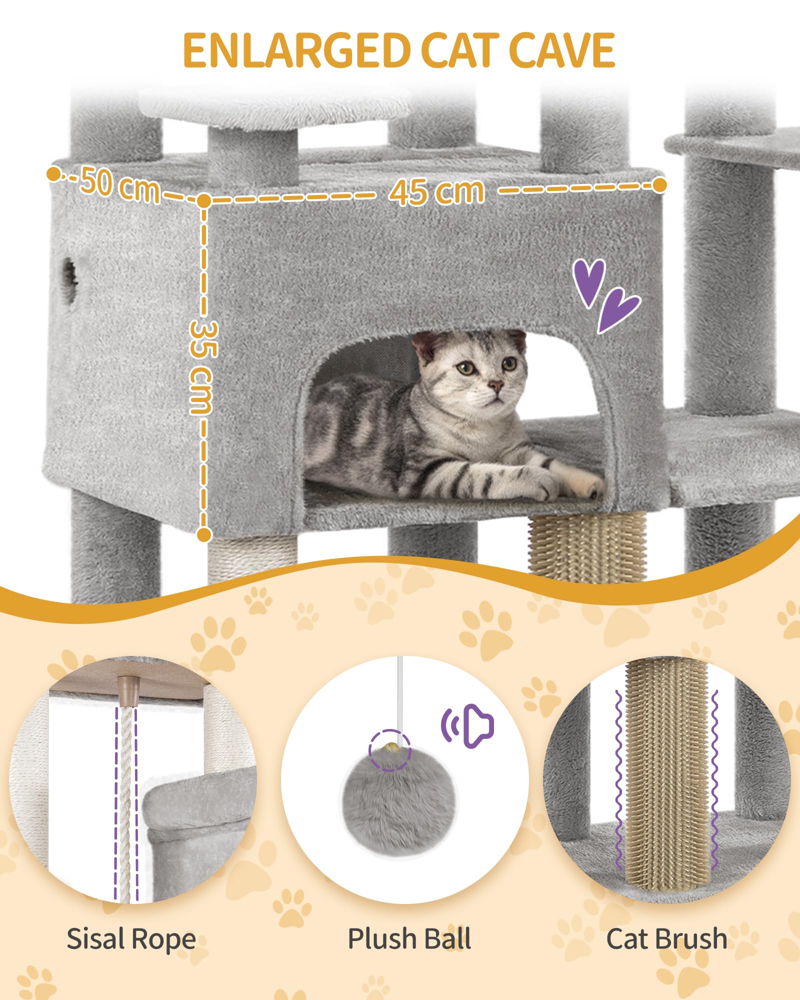 Hzuaneri Árbol de Gato 200 cm XXL, Rascador con 2 Casitas y 10 Sisal, Torre Resistente para Gatos Grandes Maine Coon, Incluye 2 Hamacas, Gris Claro MS20018LG