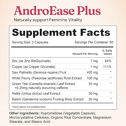 Miniatura 9 de Nourished AndroEase Plus Balance hormonal vegano para mujeres Zinc, Reishi, té verde y palma enana americana para mujeres para energía,