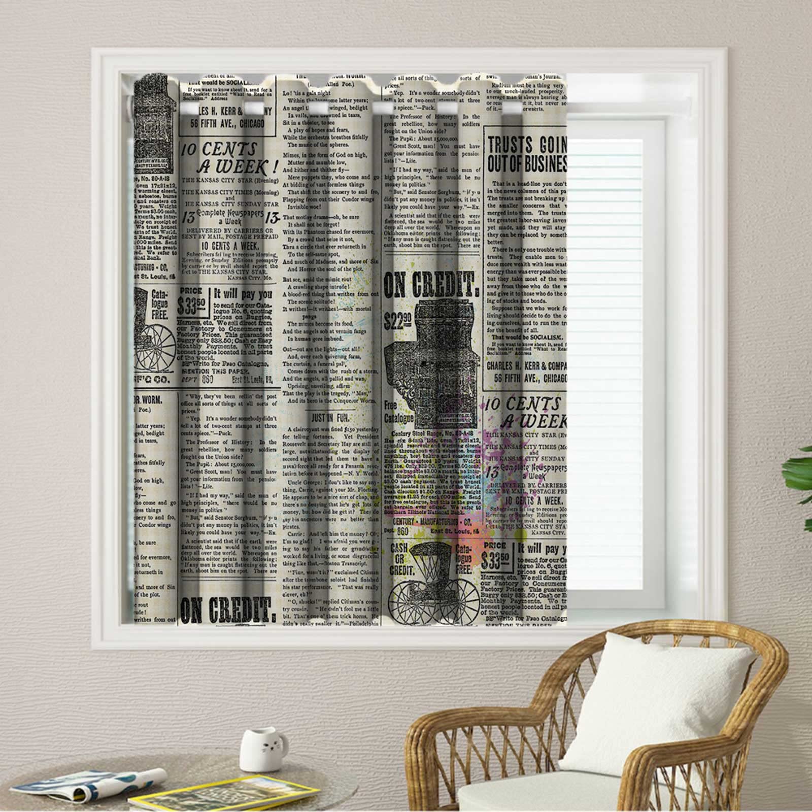 Amazon｜カフェカーテン 小窓用 ミッドセンチュリーのヴィンテージ新聞