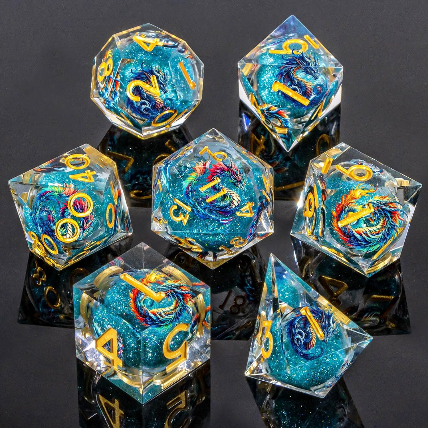 Roycevon Dragon Pattern Liquid Core DND Dice Set, 7Pcs Sharp Edge Dice with Gift Box, Resin Blue Dungeons Dragons D and D Role Playing Dice D20 D12 D10 D8 D6 D4