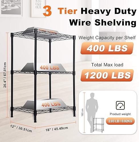 Miniatura 2 de Whitmor Estantería de 3 niveles de metal resistente, capacidad de 400 libras por estante, 1200 libras en total, fácil armado, 18 pulgadas de largo x