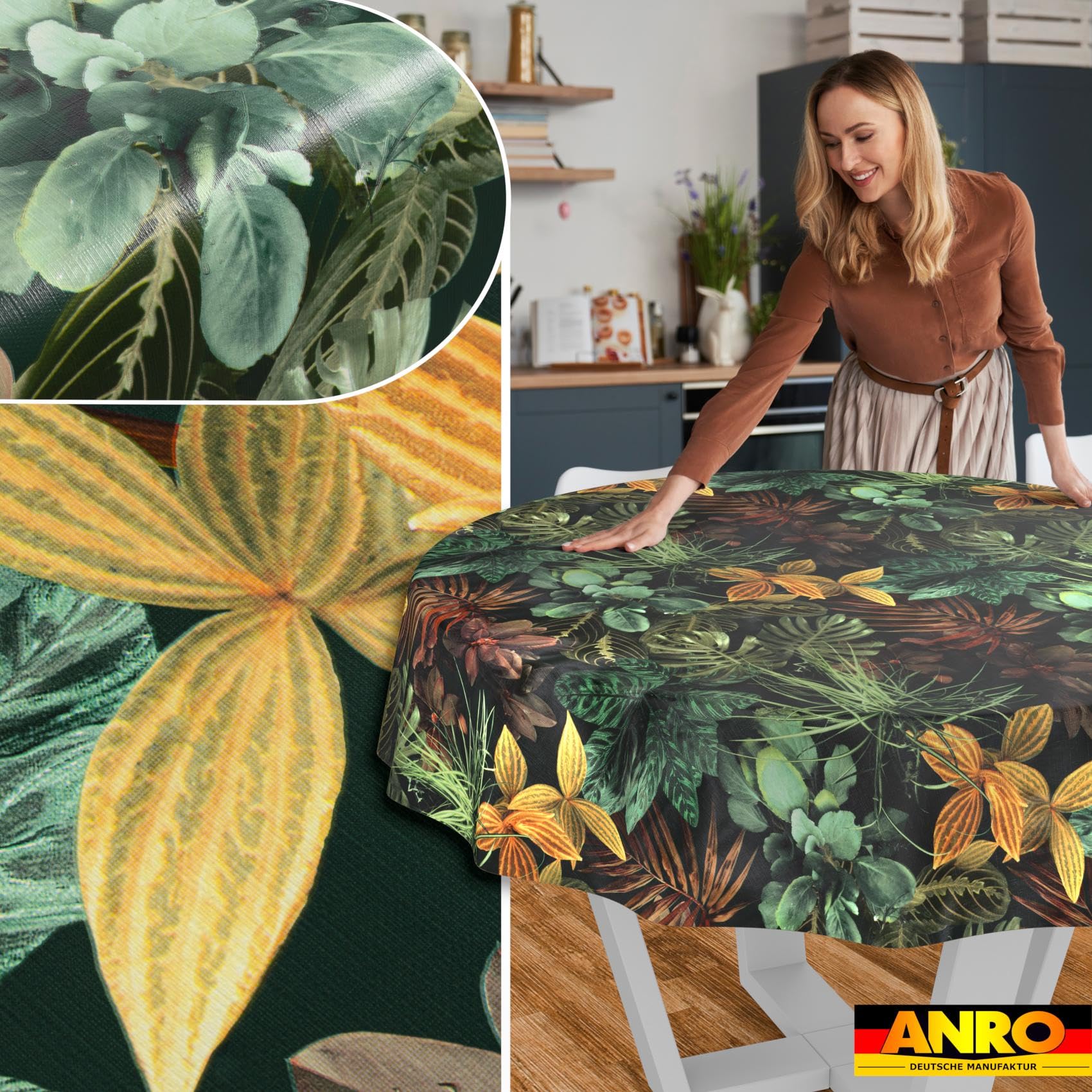 Nappe en Toile cirée Lavable, Facile d'entretien, imperméable, Effet Lotus, Nappe de Jardin, Motif Tropical, Ronde, 140 cm, Bord coupé