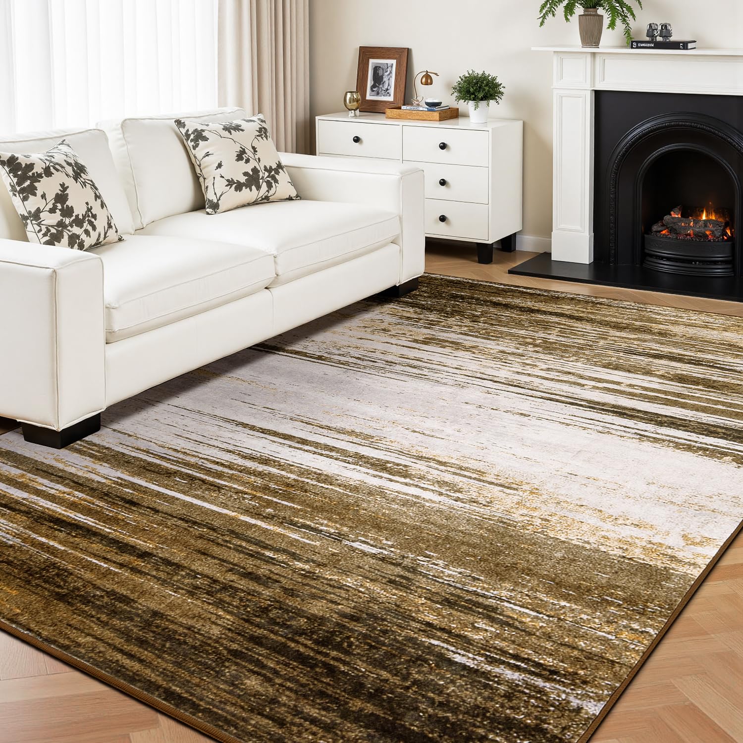 Rugflix 6x9 Area Rug, Washable Rug for Living Room, Non Slip, Soft Low Pile, Modern Abstract Gold Brown Rug for Bedroom, Dining Room, Home Office,