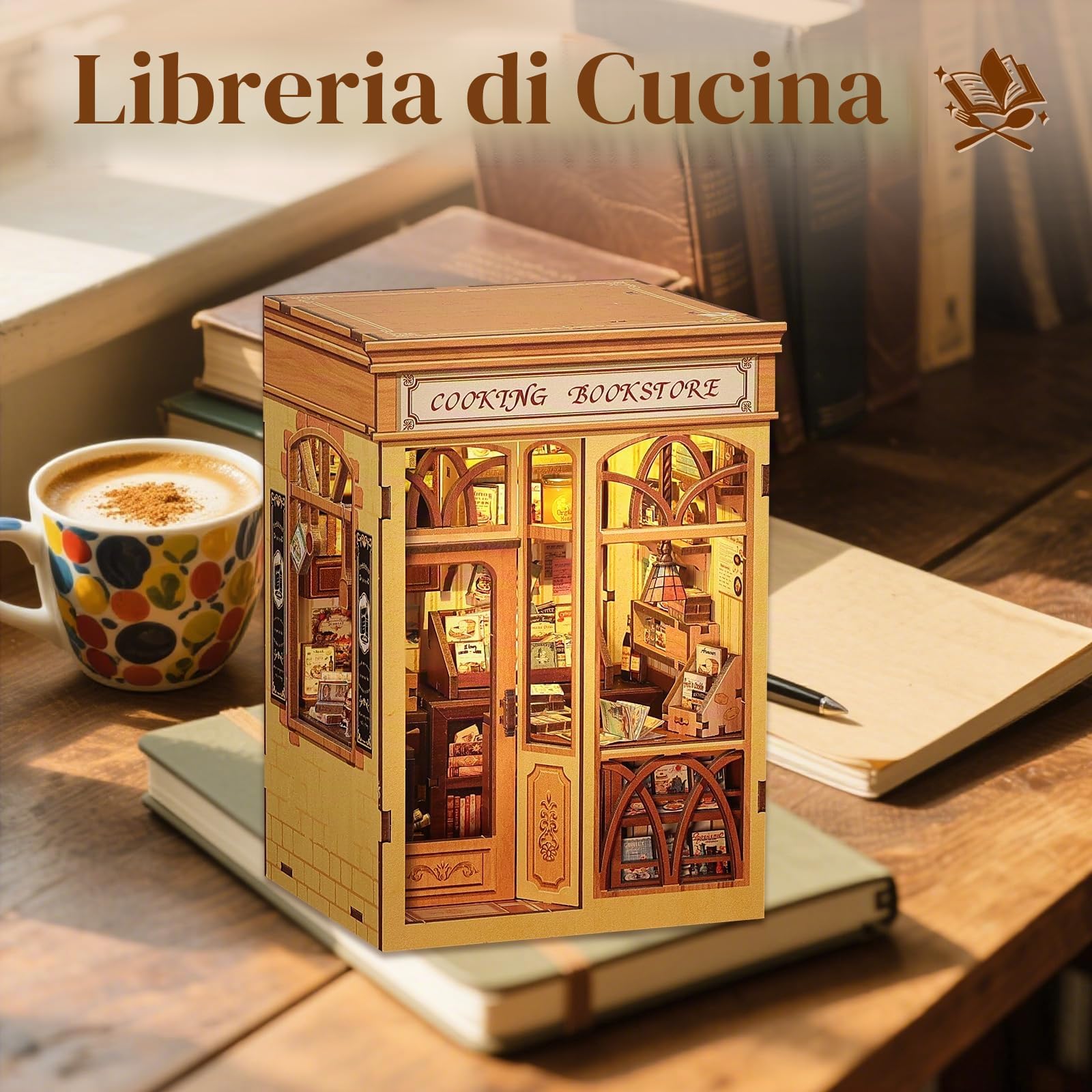 Cutefun Book Nook, kit fai da te per casetta in miniatura per adulti, scaffale per libri, puzzle 3D in legno, mini kit modello artigianale, regalo per donne amanti dei libri (Cooking Bookstore)