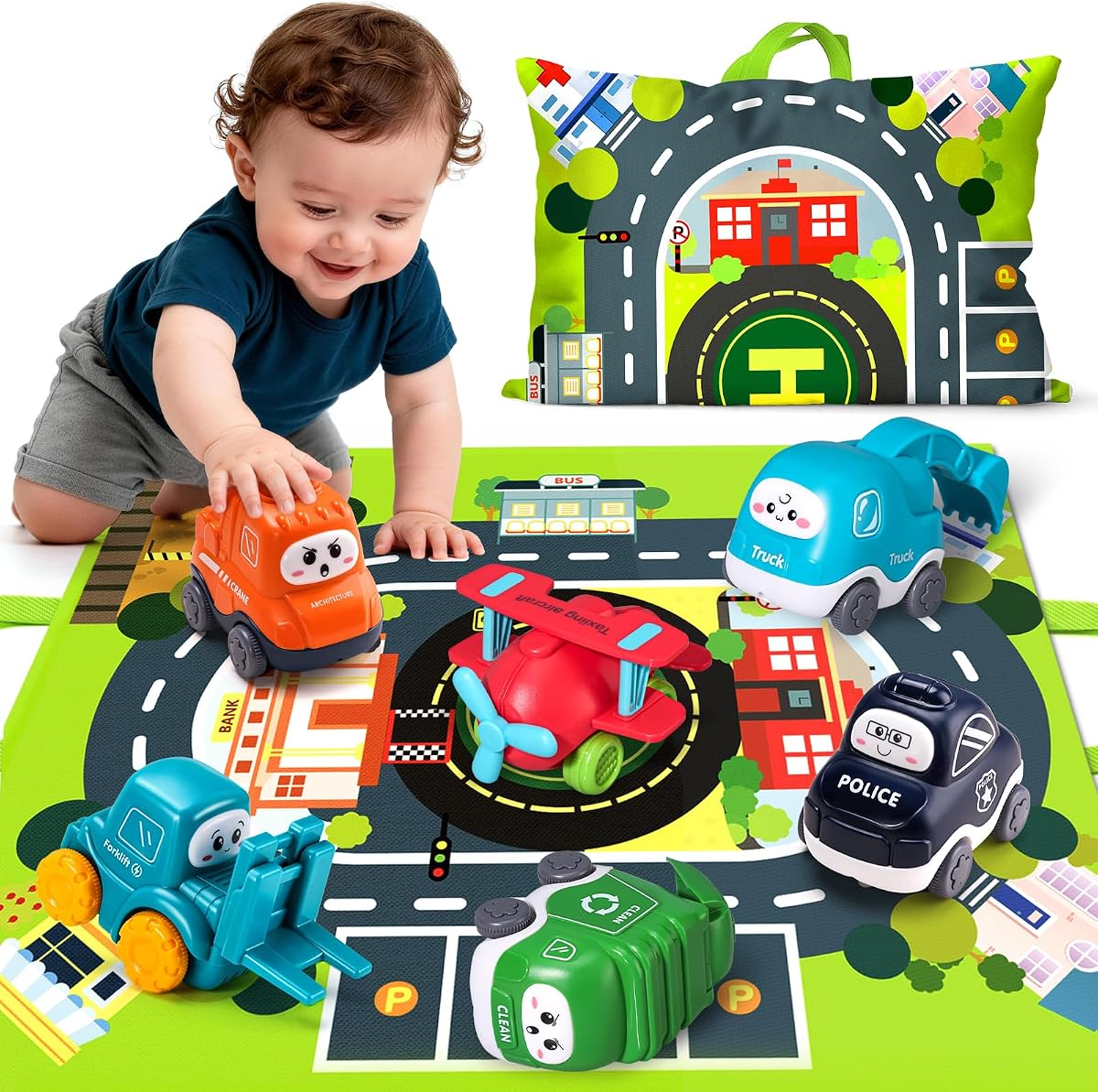 6PCS Big Truck Toy Set with Playmat | With Storage Bag, ABS Plastic, No Small Parts, Rounded Edges, for Ages 12M+, First Birthday Gift