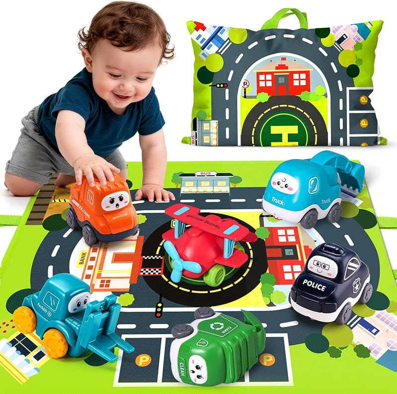 6PCS Big Truck Toy Set with Playmat | With Storage Bag, ABS Plastic, No Small Parts, Rounded Edges, for Ages 12M+, First Birthday Gift