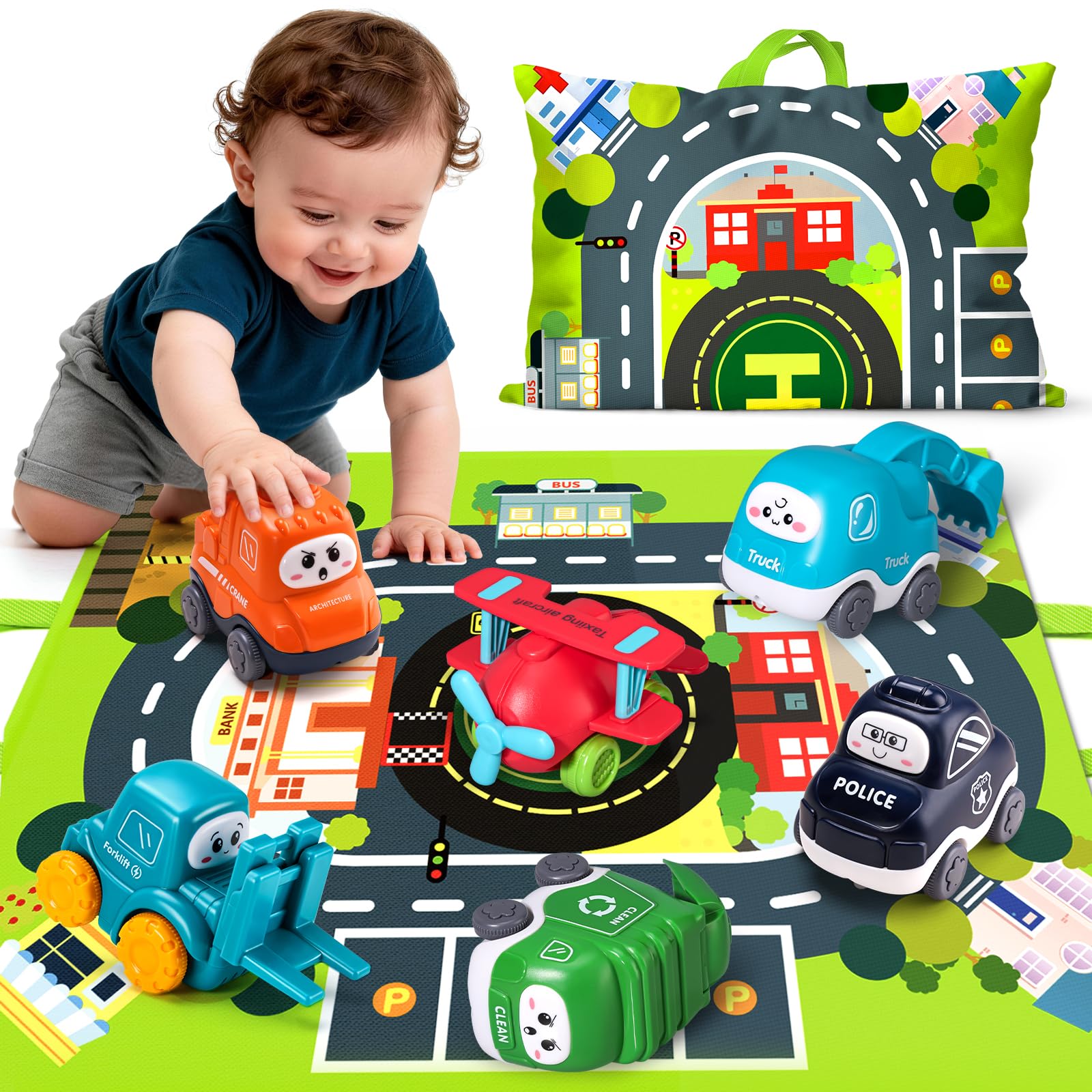 Big Cartoon Truck Car Toys for 1 Year Old Boy with Playmat/Storage Bag|Baby and Toddler Toys 12-18 Months & Age 1-2|1st Birthday & Easter Gift for Baby Toys 1 Year Old