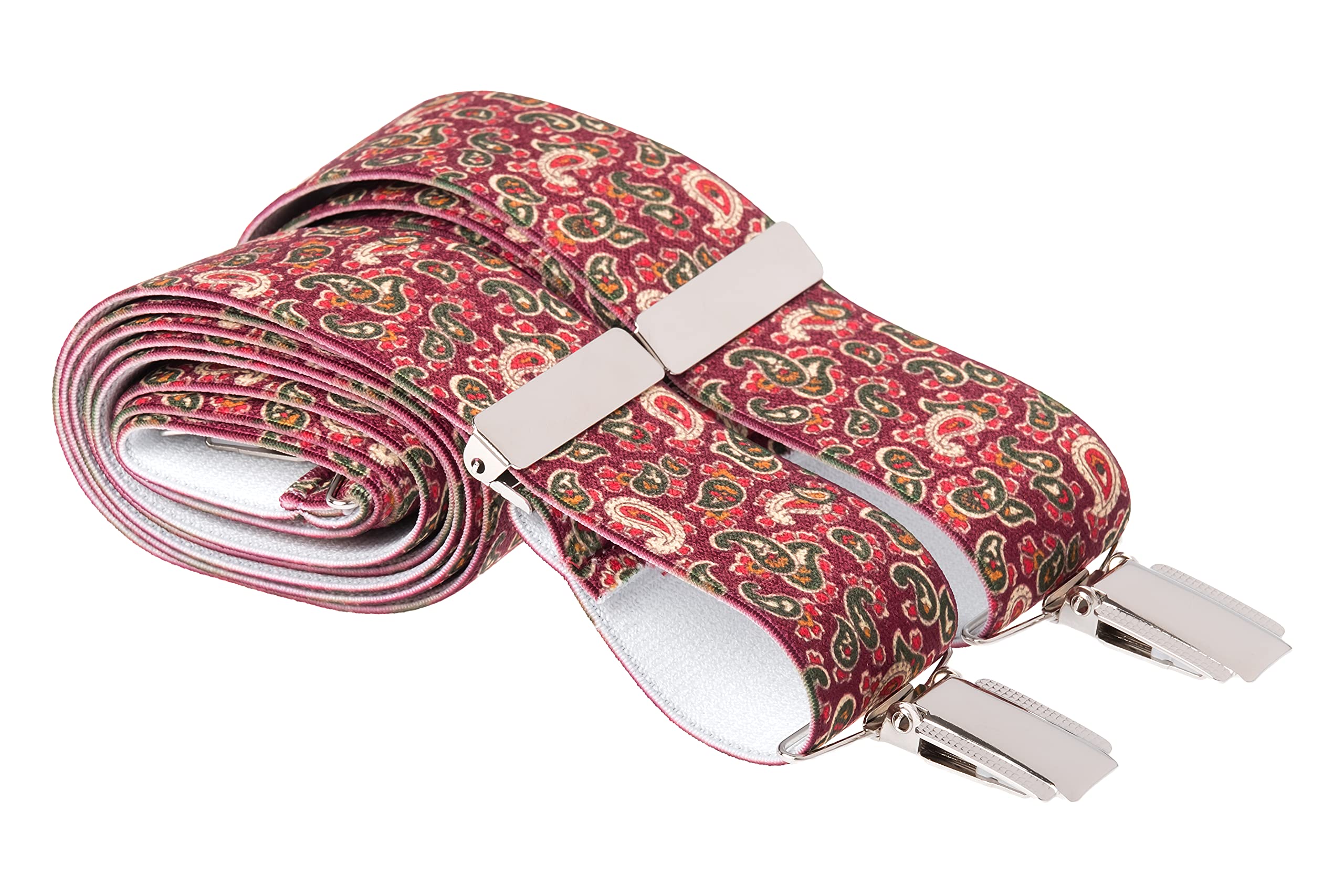 Gs Braces Men's Classic Burgundy Xl Bugundy Paisley Pattern Trouser Braces X Back 35Mm 4 Silver Clips 48 Inches