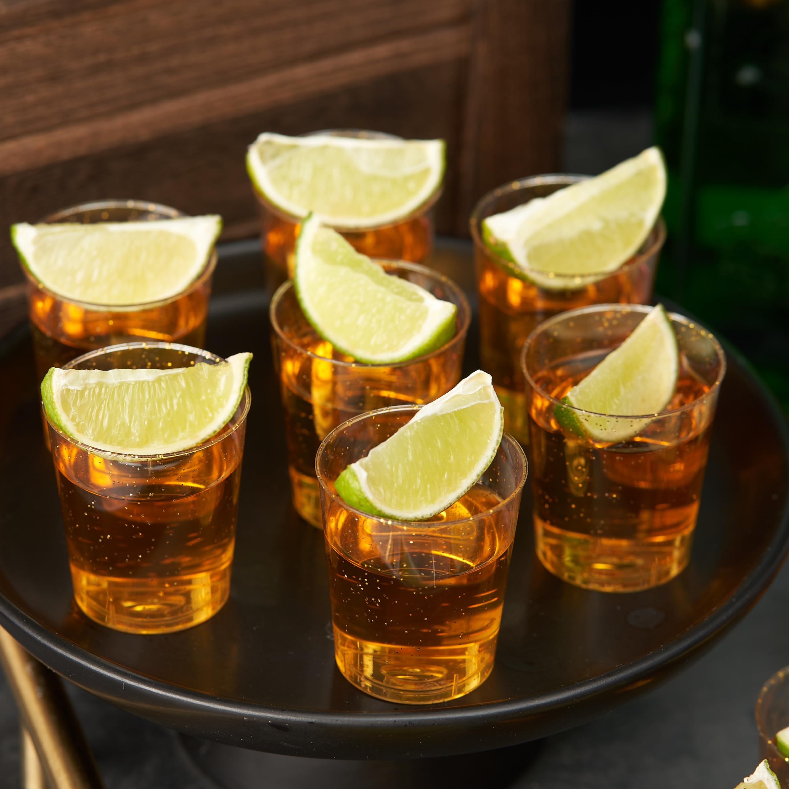 Matana 200 Vasos de Chupito Transparentes de Plástico con Brillo Dorado - 60ml