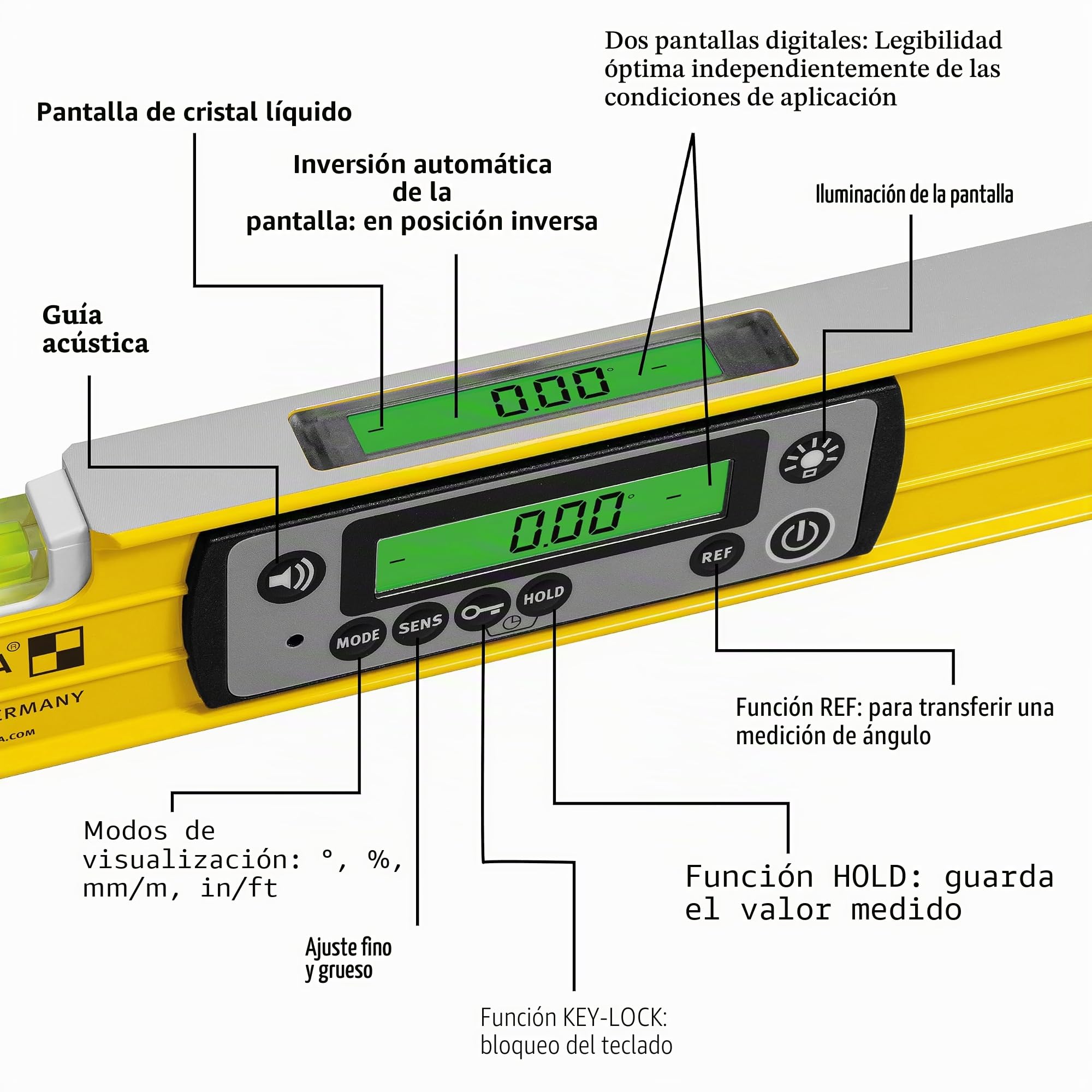STABILA Nivel de burbuja digital TECH 196 DL, 23 cm, resistente al agua y al polvo IP67, 2 pantallas digitales, sin calibración, modos de visualización: °,%, mm/m, in/ft, bolsa