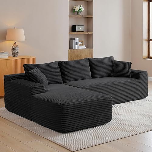 HYJT-H&K Modular Sectional Sofa Cloud Sectional Couch, 95" Comfy Fluffy L Shaped Black Couches for Living Room, Deep Seat Memory Foam Plush Corduroy Boneless Couch Sectionals Left Facing Chaise Sofa