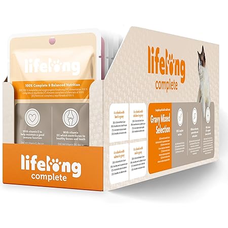 Amazon-Marke: Lifelong Alleinfuttermittel für ausgewachsene Katzen- Gemischte Auswahl in Sauce, 9,6 kg (96 Beutel x 100g)