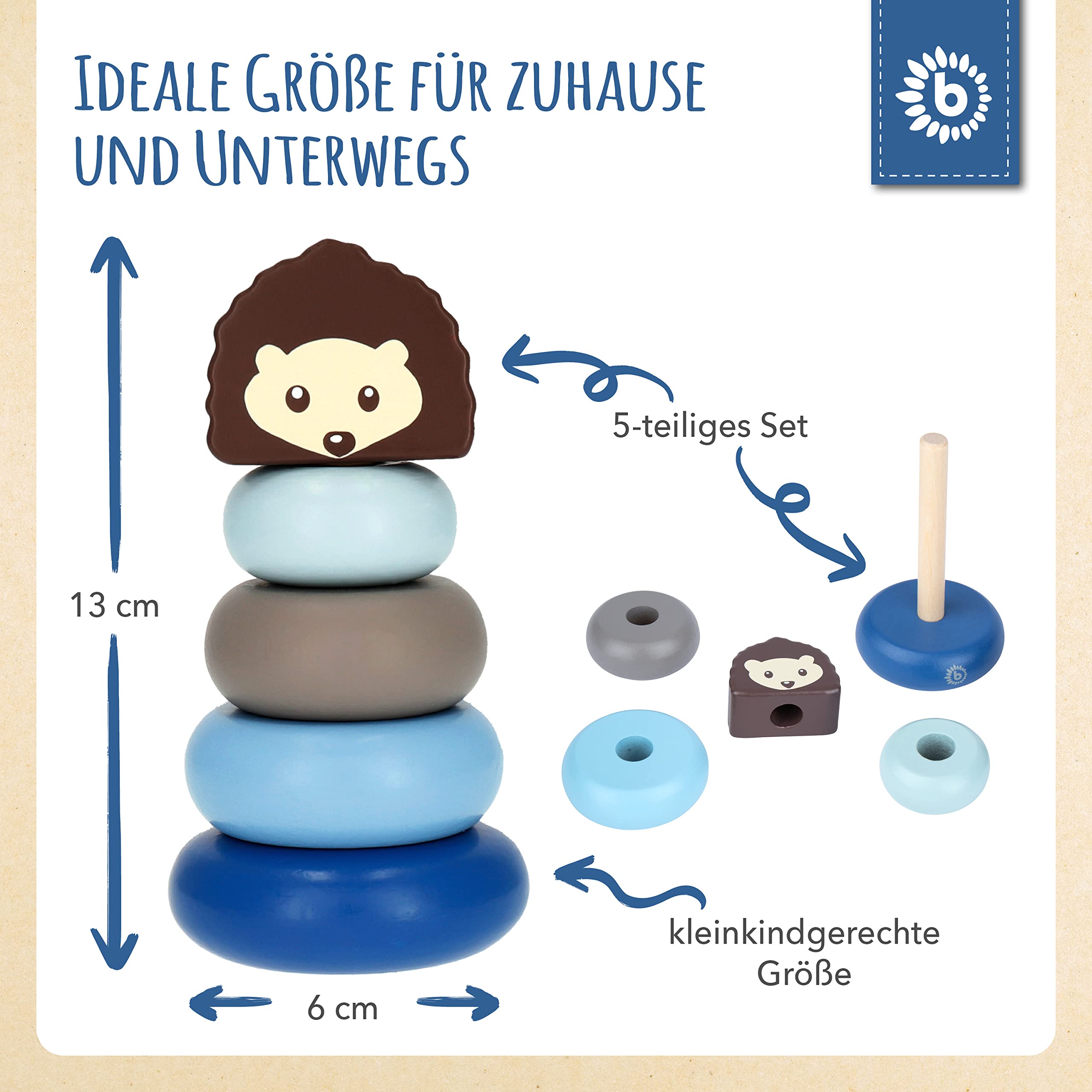 Bieco Wieża do układania w stos drewniany jeż | 13,5 cm, niebieski | wieża układana w stos od 1 roku życia | 5-częściowa piramida wtykowa | nowoczesna gra w stos | kolorowy pierścień piramida | wieża