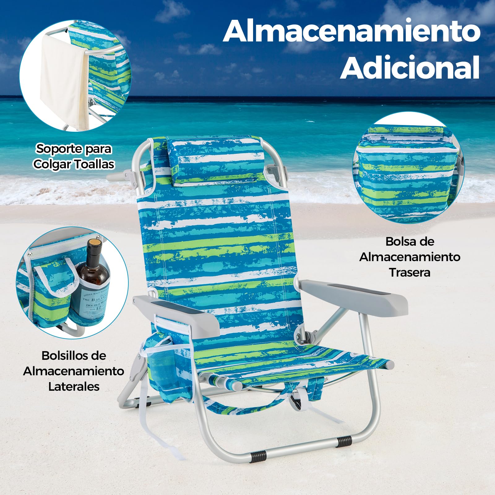 GOPLUS Silla Playa Plegable, Silla de Camping Ligera con Respaldo Ajustable en 5 Posiciones, Barra para Toallas, Portavasos, Almohada, Correas, Tumbona Exterior Reclinable, Carga 150 kg (Verde+Azul,2)