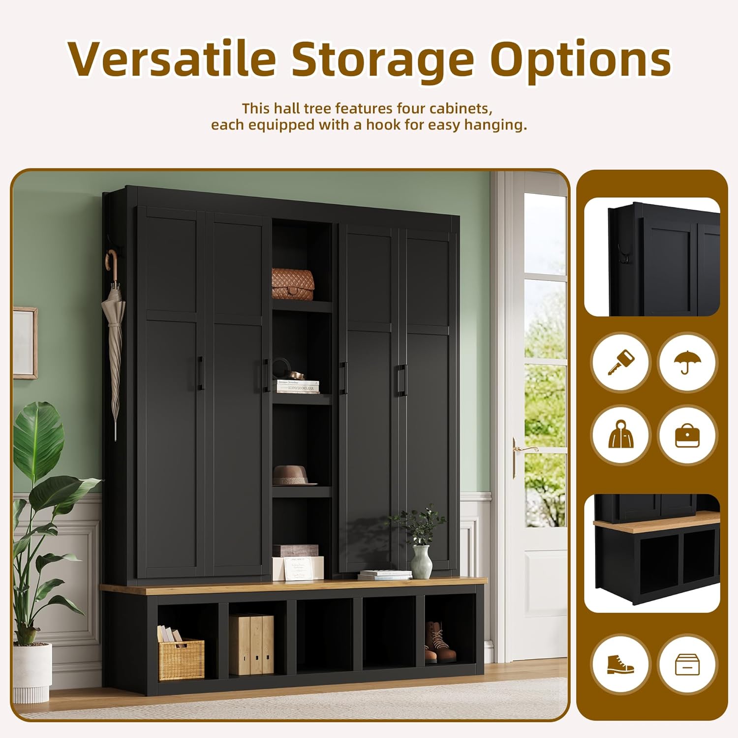 Merax Modern Farmhouse Hall Tree with Bench, 4-in-1 Entryway Storage Cabinet & Shoe Organizer with Hooks, Black