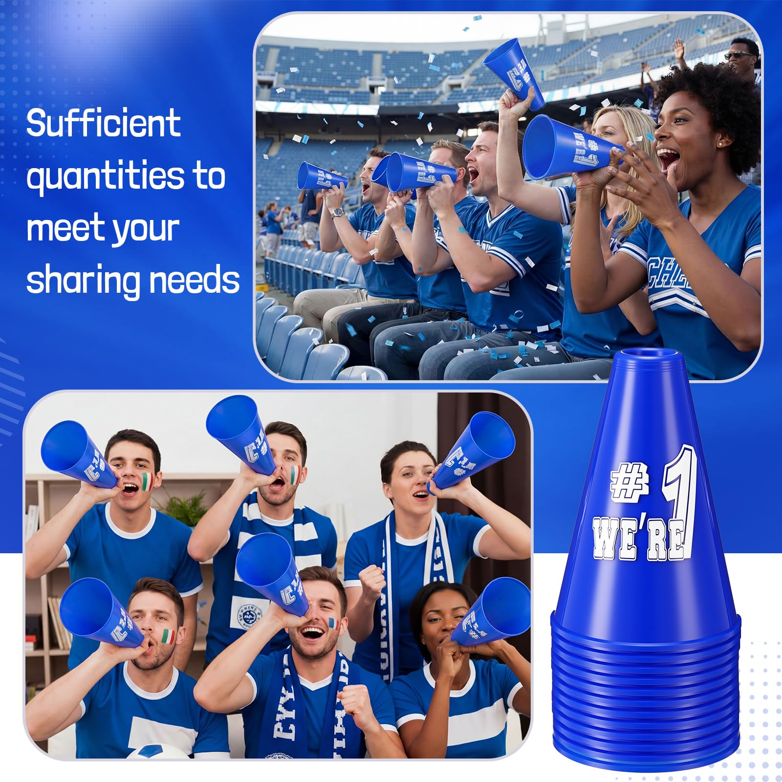 Lot de 12 mégaphones Cheer en plastique à faire soi-même, accessoire de fête « We're #1 » - Décoration de centre de table pour l'école, les encouragements, le sport, les matchs, les