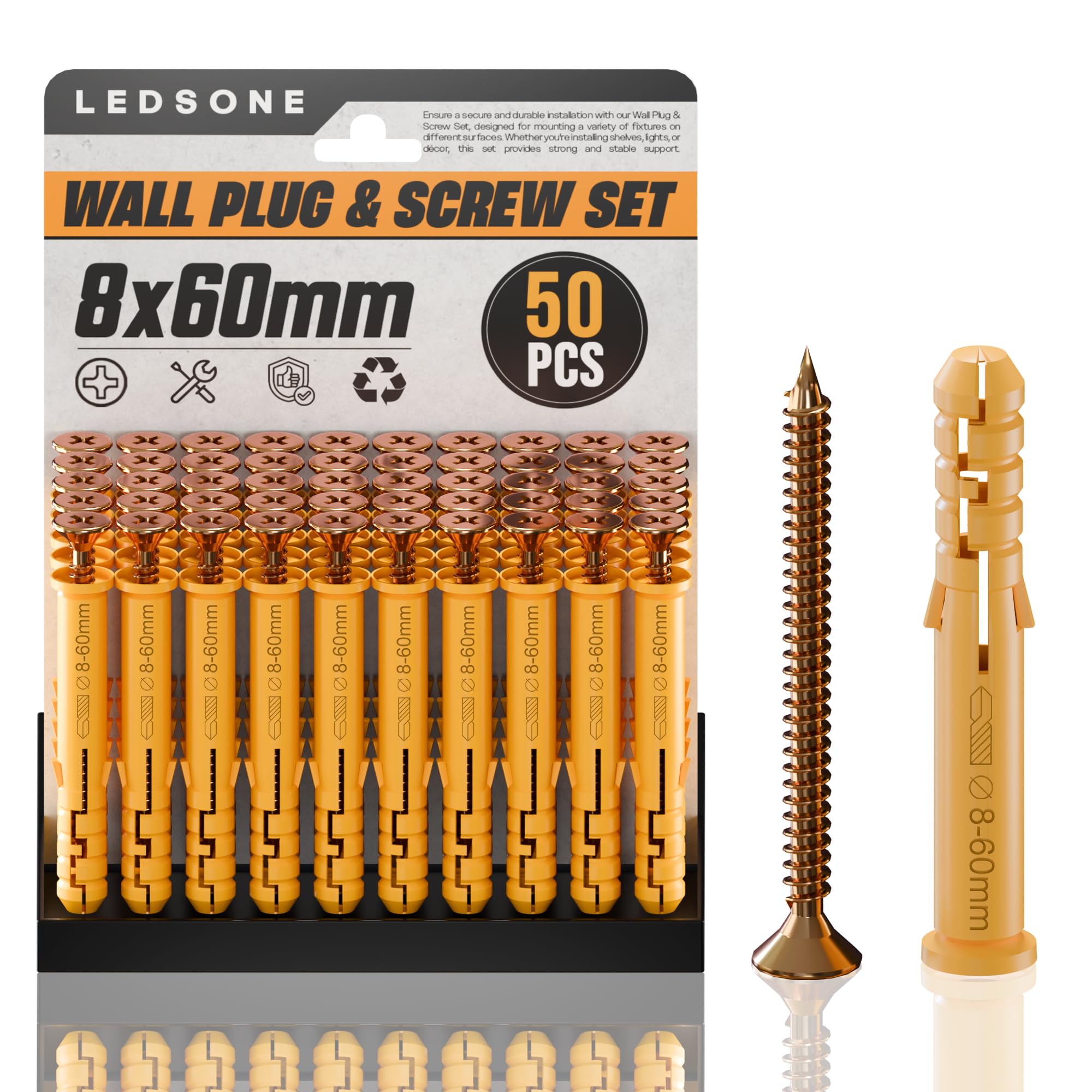 LEDSone 8x60mm Screws and Wall Plugs Set - 50 Pcs Masonry Brick Concrete Fixings - Plugs and Screws in Compartment Box - Zinc Galvanized - 3 Different Sizes