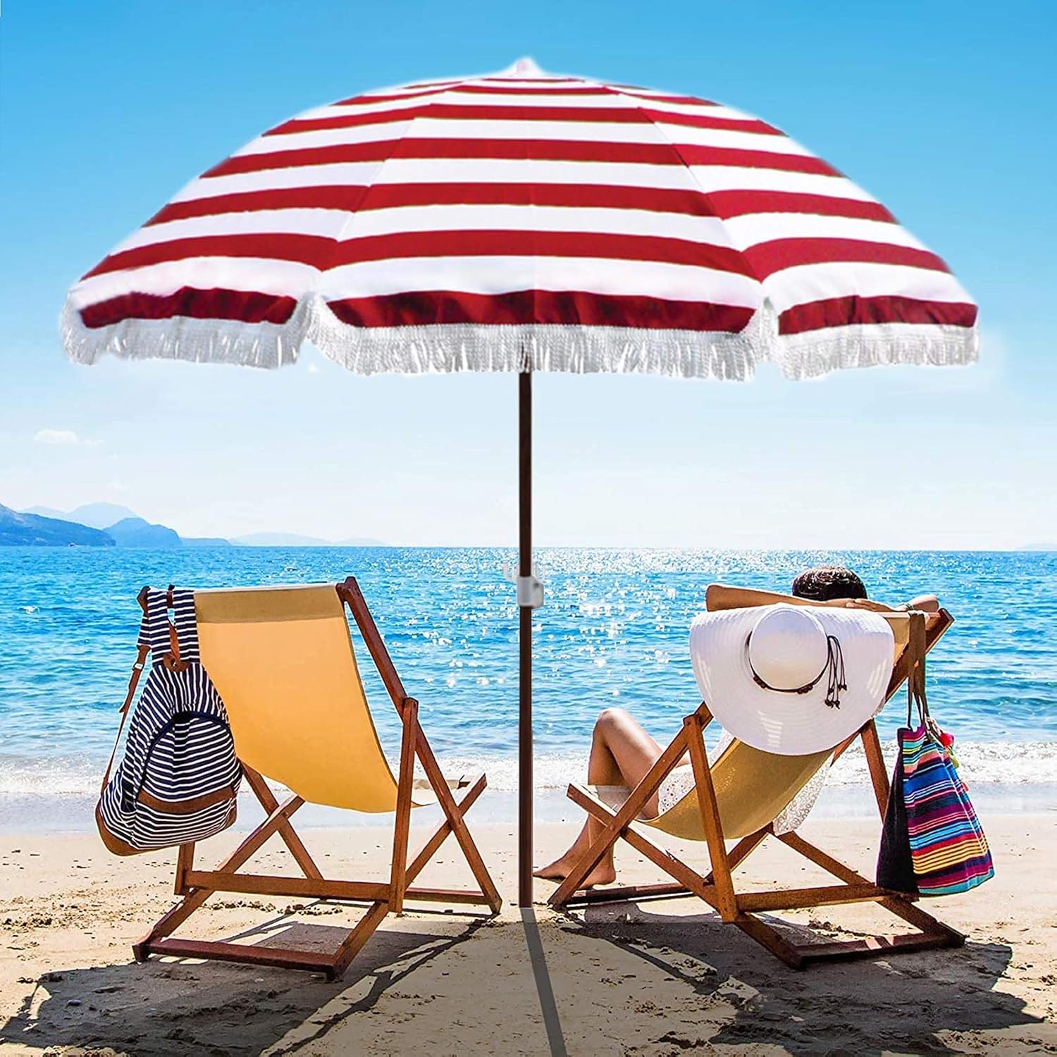 Stripe Beach Umbrella with Sand Anchor, Fringe, Waterproof Windproof Sun Shade Patio Umbrellas, for Outdoor Pool Backyard (Color : Pink)