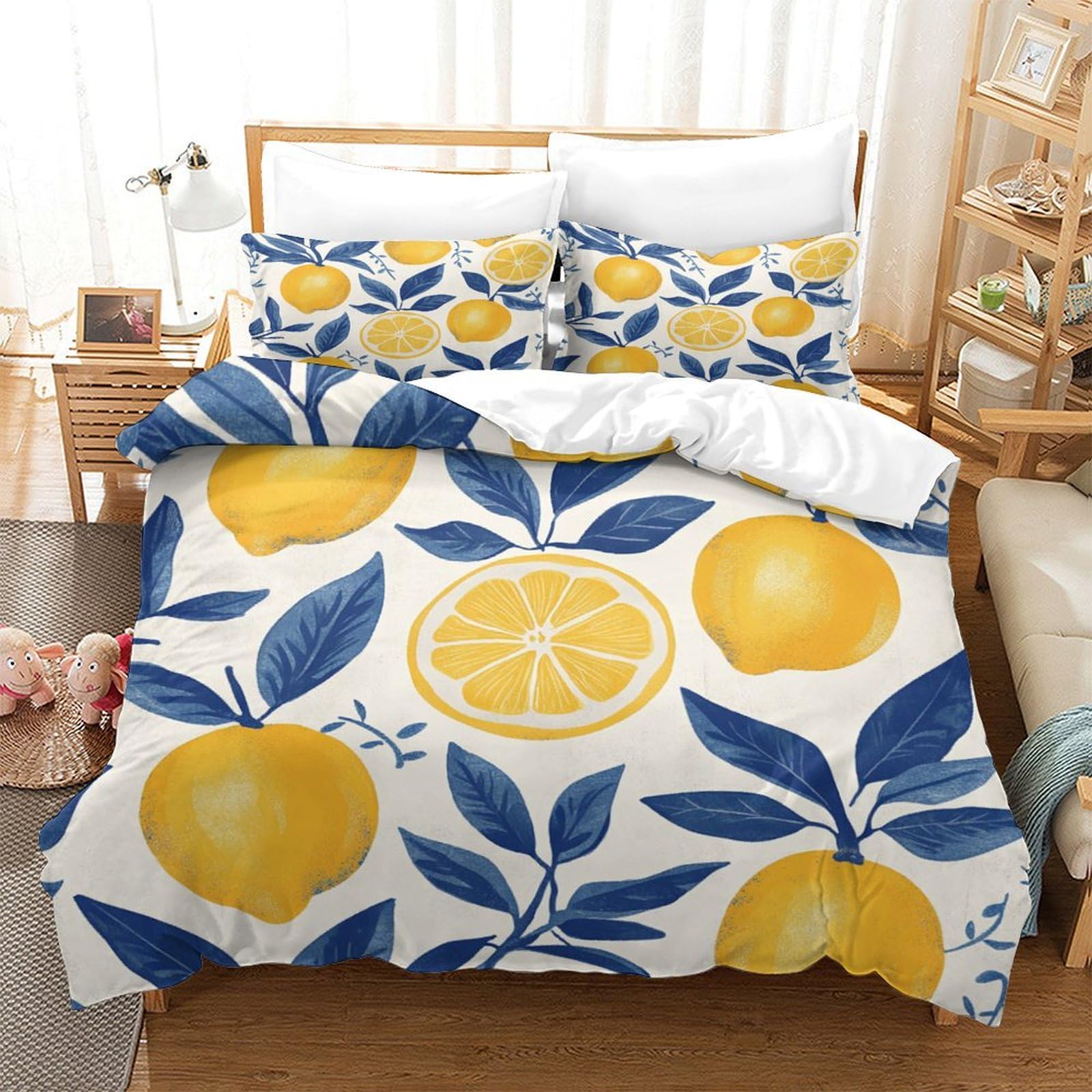 P1s9u7w5y Lemon-1 Fresh Lemon Leaf 3D Printed Duvet Cover Set 3Pcs Microfiber Citrus Bedding Set King（220X240cm）