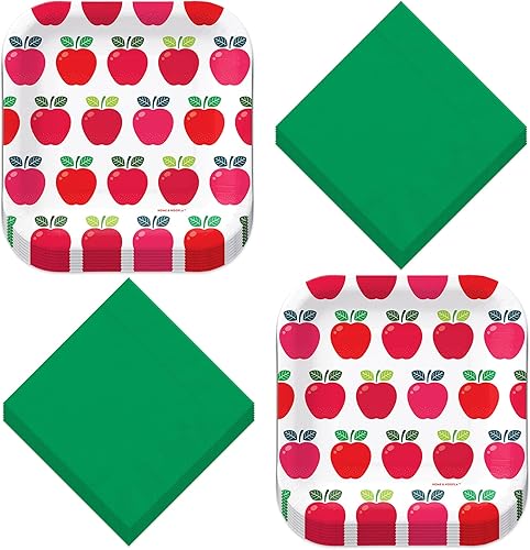 Apple Party Mix - Platos cuadrados de postre de papel, platos de aperitivo en forma de manzana y servilletas para bebidas (32 platos y 32
