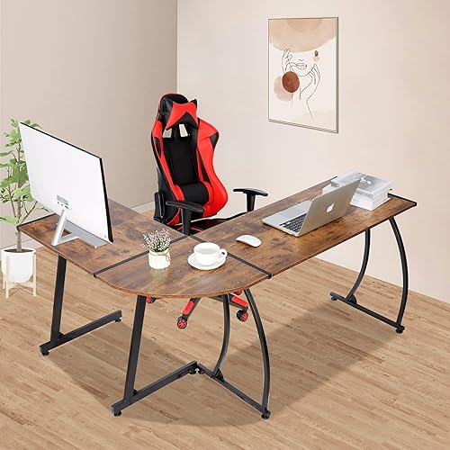 Miniatura 4 de ZenStyle Escritorio esquinero para computadora en forma de L de 55 pulgadas, marco de acero resistente y superficie impermeable, diseño de grano de