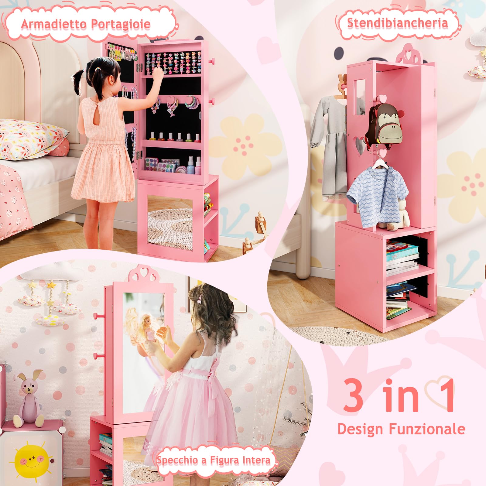 GYMAX Armadio per Gioielli per Bambini con Specchio a Figura Intera, Portagioie Bambina con Anti-ribaltamento, per Cameretta e Sala Giochi, 34 x 30 x 117 cm (Rosa)