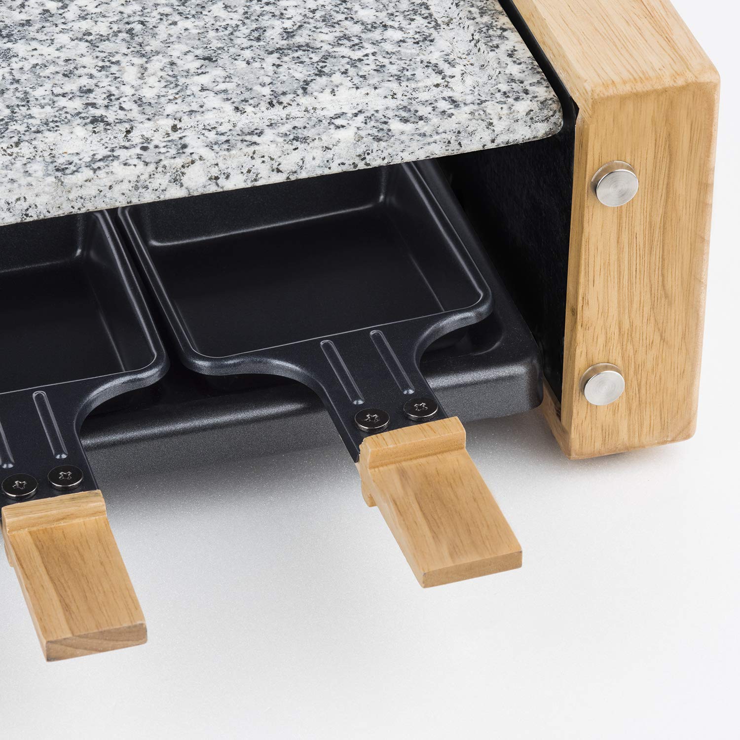 H.Koenig Appareil à raclette Multifonction 8 personnes WOD8 Design en bois naturel, Pierre granit amovible, Raclette fromage fondue professionnel, 8 poêlons antiadhésifs, 8 spatules en bois