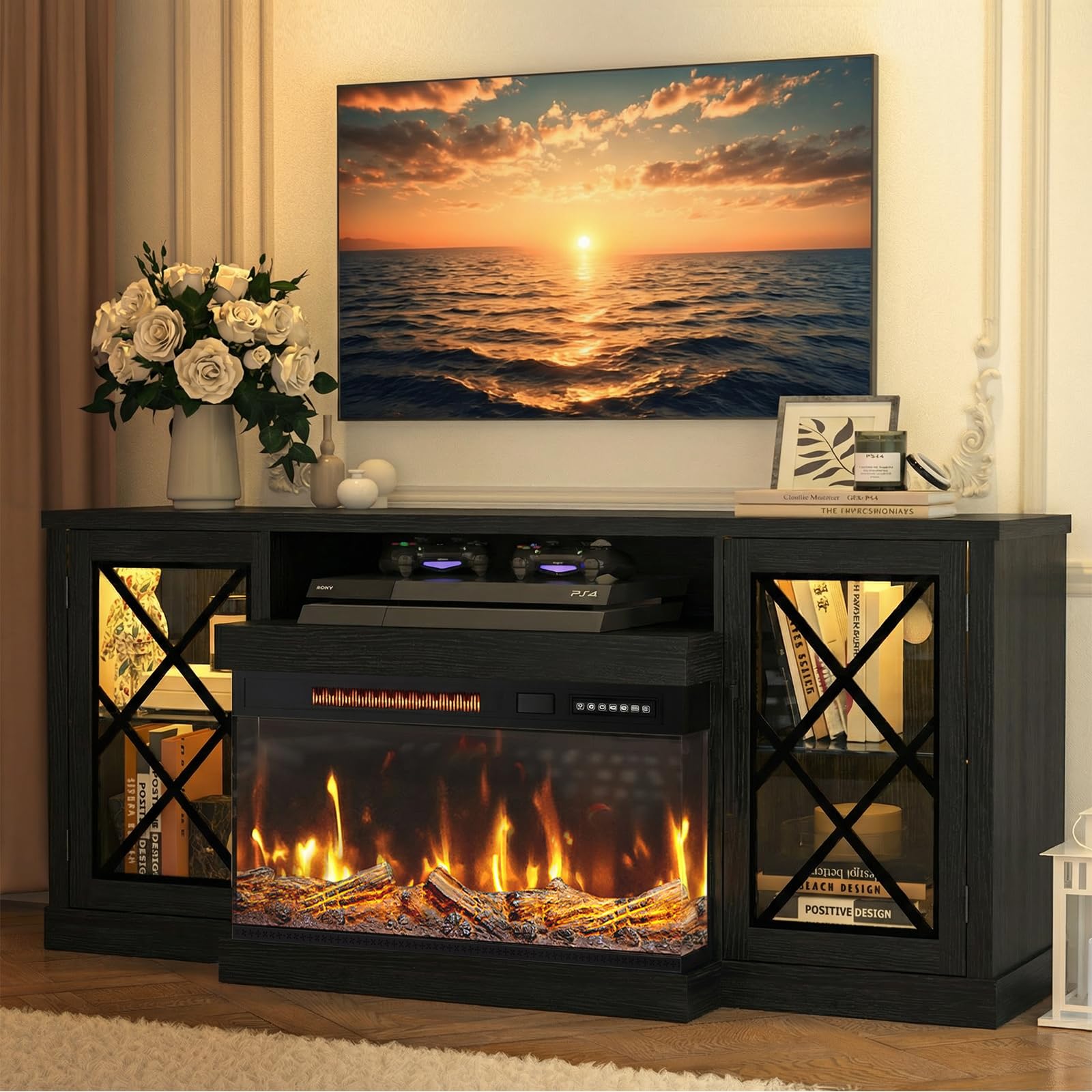BREEZEHEAT Fireplace TV Stand for TVs up to 70", 3-Sided Electric Entertainment Center with 24" LED Fireplace, Media Console w/Storage Cabinet &amp; Glass Doors, 59Inch, Black