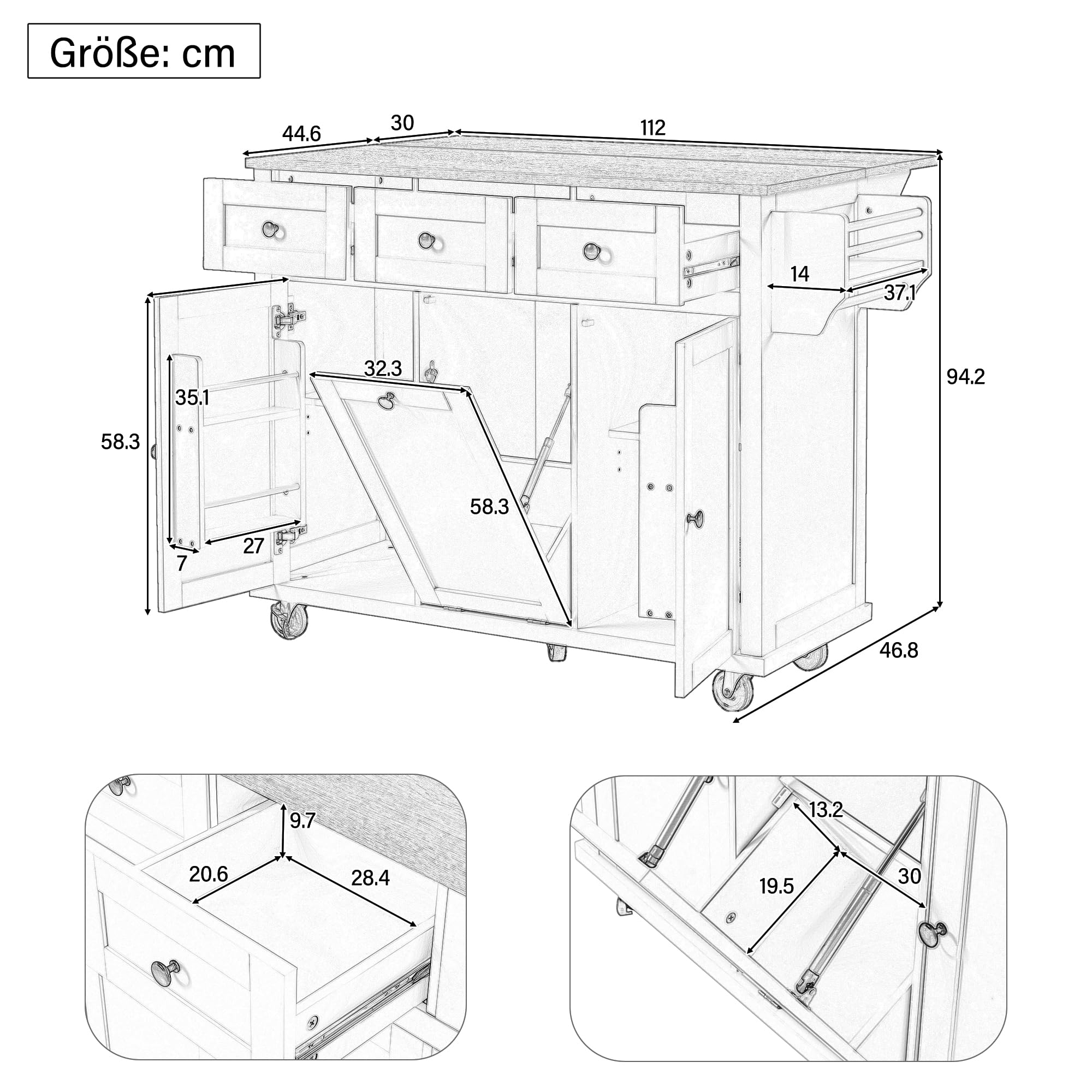 Carro de cocina con ruedas, isla de cocina, zona de comedor extensible, con espacio para cubo de basura y cajones, estante lateral para especias y toallero, color blanco