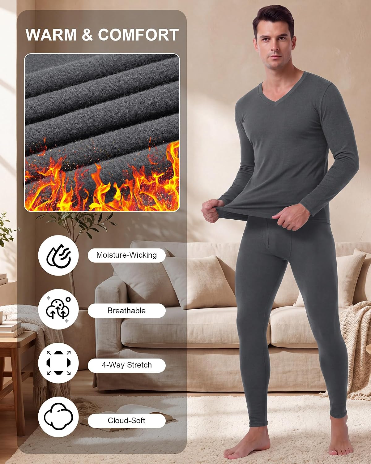 Patelai 3 Pack Men's Thermal Underwear Set with Fleece Lined Long Base Layer Soft Warm Top Bottom Set for Winter Cold Weather