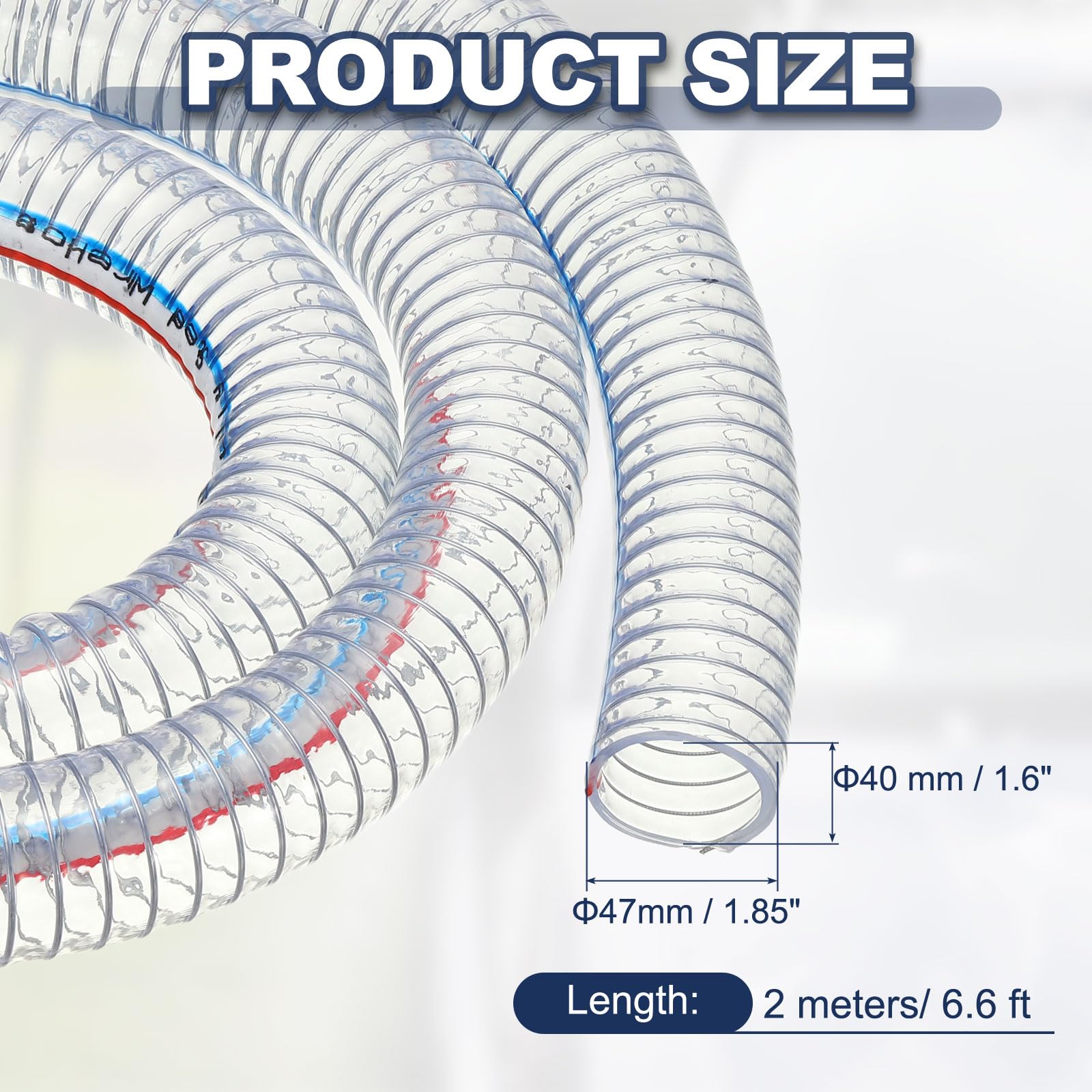 PATIKIL Tuyau Renforcé Avec Fil 1-9/16" / 40mm ID 2 Mètres, Tuyau D'Aspiration En PVC Vinyle Haute Pression Résistant Aux Produits Chimiques Avec Spirale En Fil D'Acier, Transparent