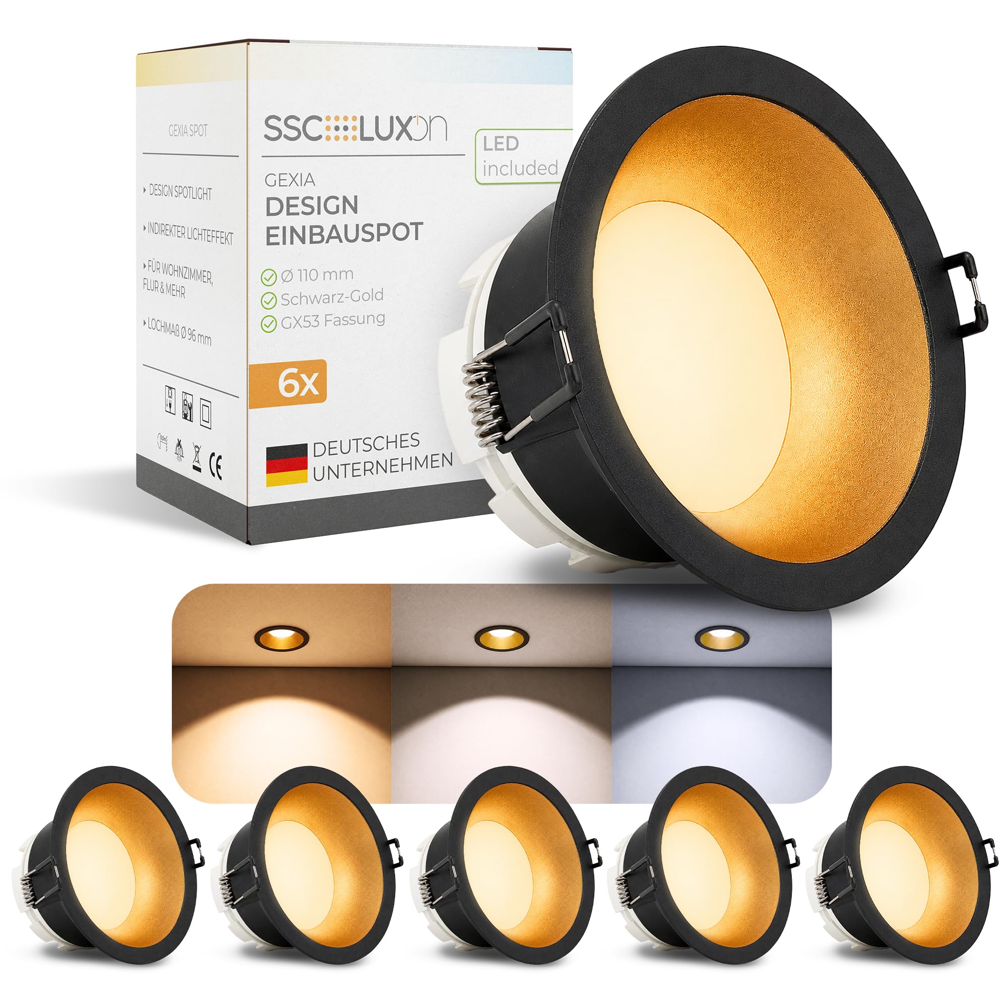 SSC-LUXon GEXIA Einbaustrahler 6er Set schwarz-gold GX53 3W 3 Lichtfarben | Sechs Deckenspots schwarz-gold - warm / neutral / kalt per Schalter, für Küche, Flur & Wohnzimmer, inkl. GX53 LED