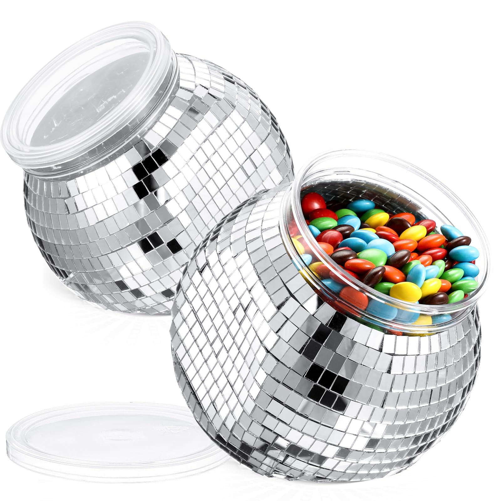 Skybooly 2 Pcs Disco Ball Plastic Candy Jars with Lids 46 oz Disco Party Cookie Jars with Lids Glitter Mirror Plastic Candy Dish Reusable Candy Table Containers Disco Party Favors for Wedding Kitchen