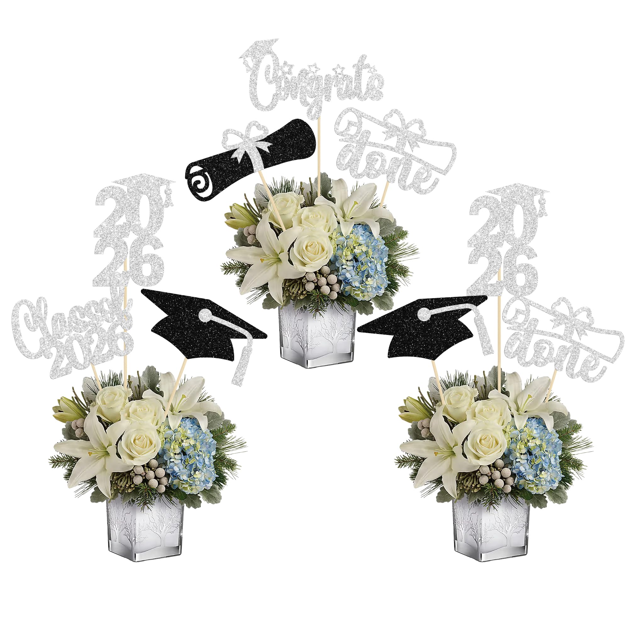 Ephlyn 12Pcs Graduation Decorations Class of 2026 Graduation Centerpieces for Tables 2026 Grad Party Decorations Picks Centerpiece Table Decorations Silver