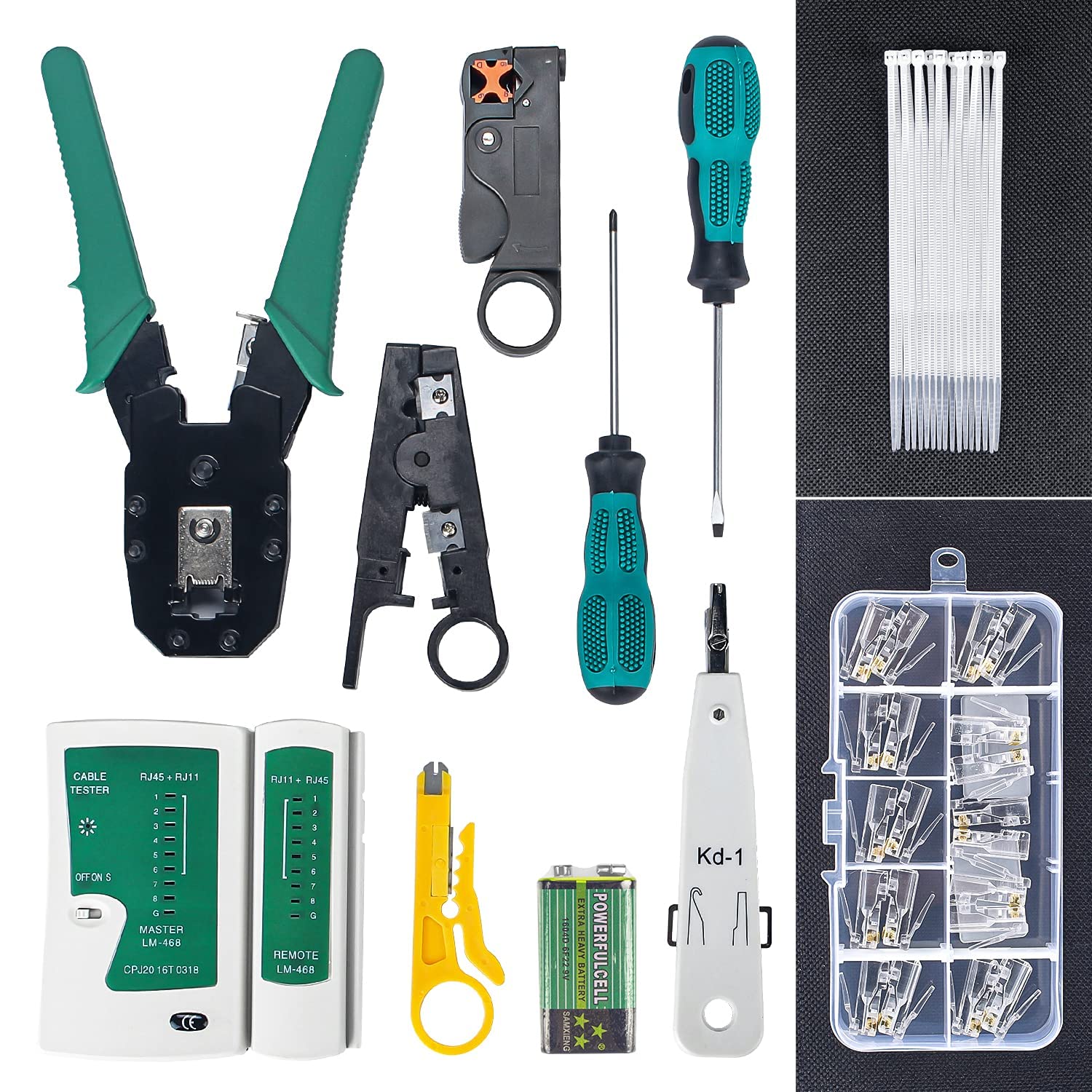 Probador del Cable de la Red, Kit de Herramientas para Electricista de Mantenimiento de Red con Pelacables, Crimpadora Prensador de Conectores de RJ45 Cristal y Kit de Comprobador de Cables(12 in 1)
