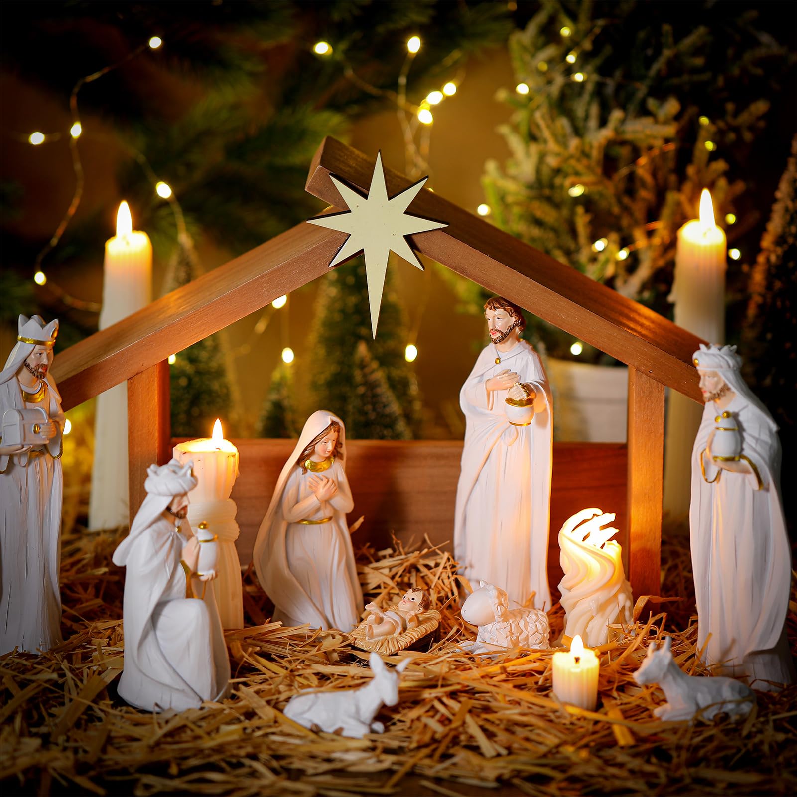 Wesiti Weihnachtskrippe aus Holz, Weihnachtskrippe mit Dachstern, 36,7 x 26,7 cm, für Innenmaßstab, 17,8 cm, Heilige Familie, Holz, stabile Krippe, Heimschreibtischdekoration (ohne Figuren)