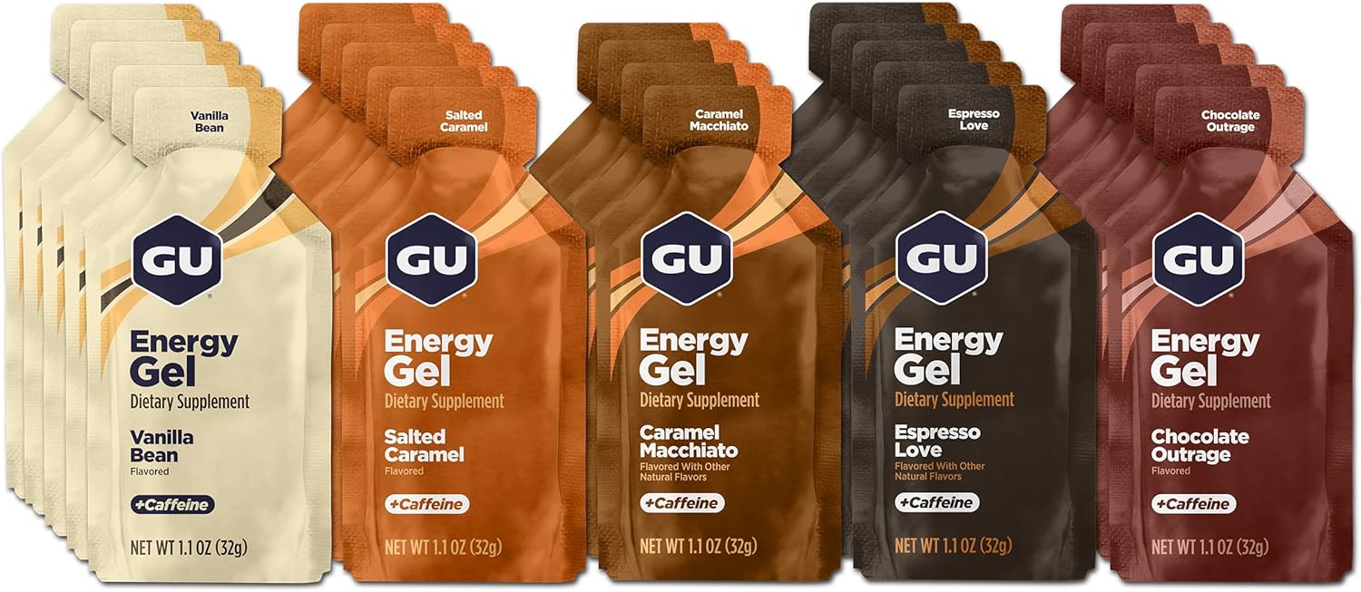 GU Energy Original Sports Nutrition Energy Gel, Vegan, Gluten-Free, Kosher, and Dairy-Free On-the-Go Energy for Any Workout, 24-Count, Assorted Indulgent Flavors