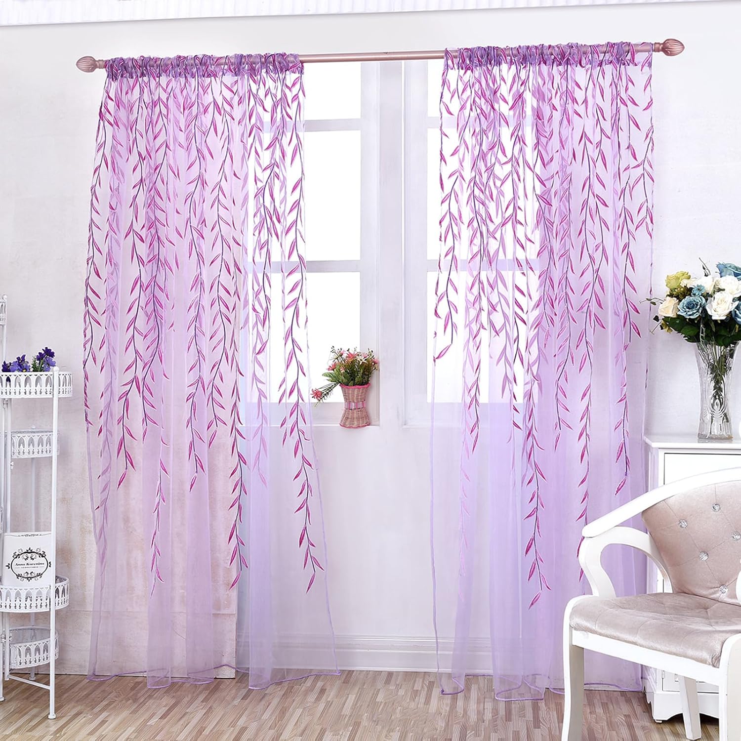 Ufurty 2 Pieces Willow Leaf Window Curtain Voile Tulle Room