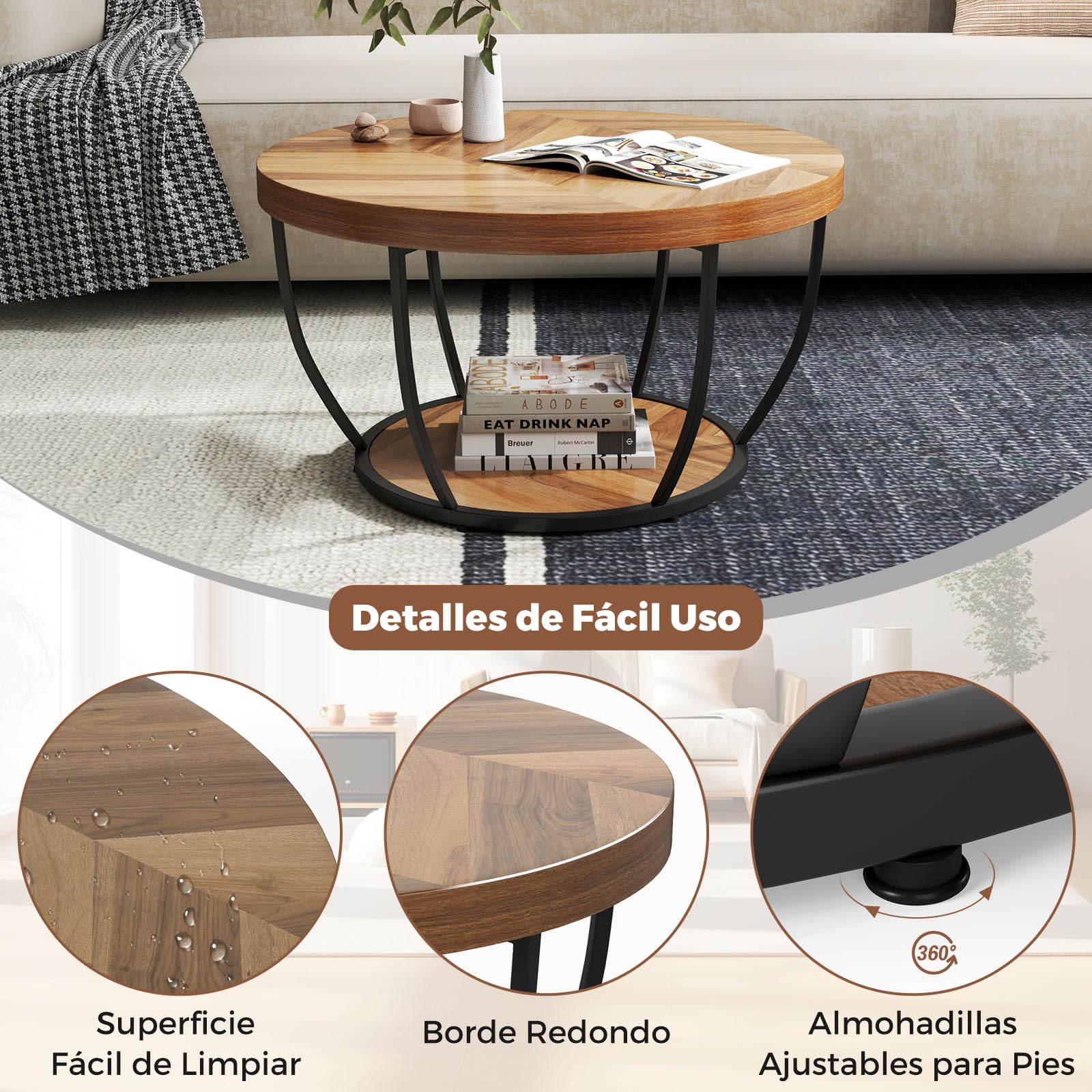 GOPLUS Mesa de Centro Redonda de 2 Niveles, Mesa de Café con Marco Metálico y Estante de Madera, Estilo Rústico con Pies Ajustables, para Salón, Dormitorio y Oficina, Carga 90KG, D.80x45CM (Natural)
