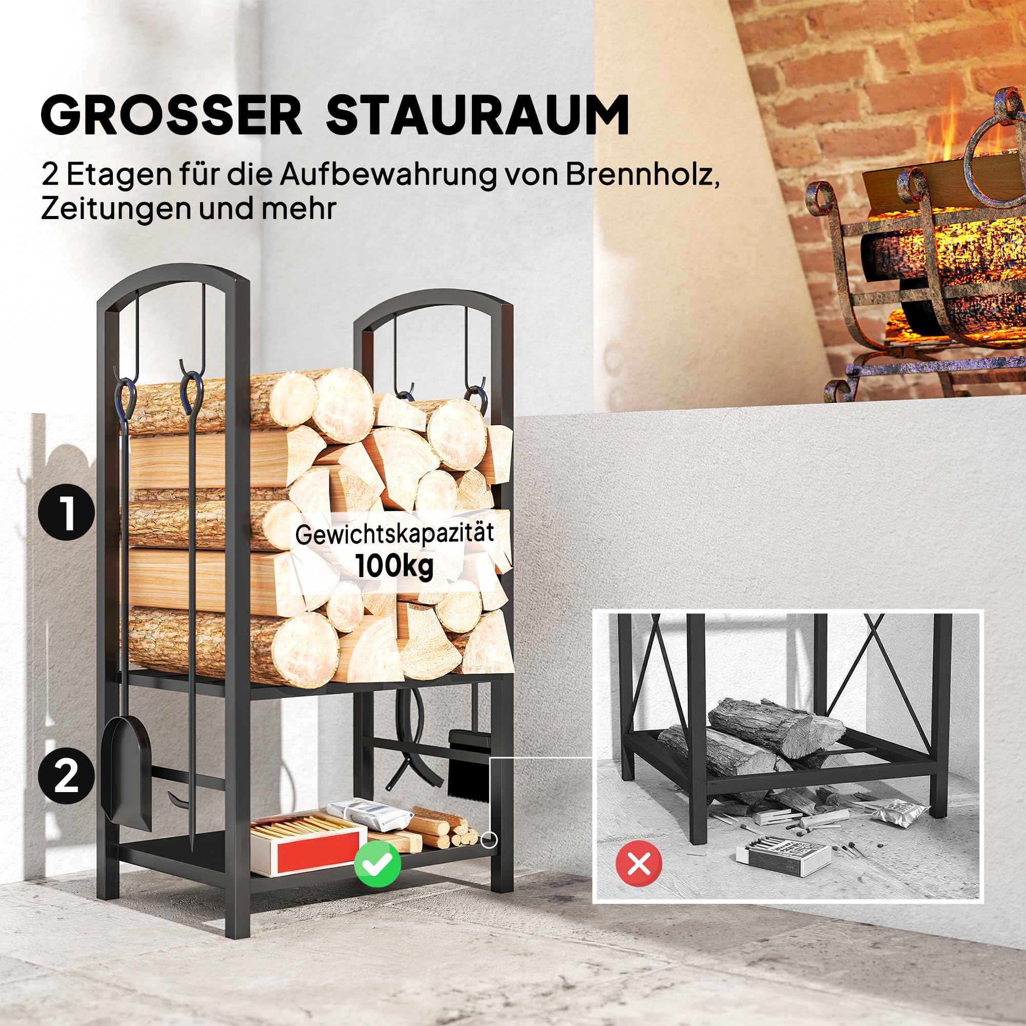 Outsunny Kaminholzregal 2 Ebenen für Kamin & Ofen 40x30x74,5 cm Schwarz