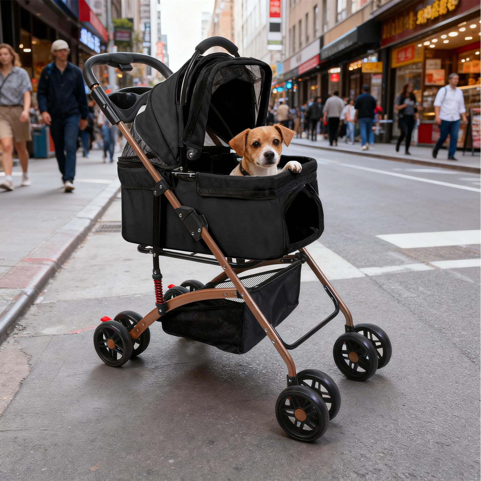 Hundewagen 3 in 1 Faltbarer Hundebuggy, Hundewagen, Kinderwagen für kleine Hunde, Katzen, Abnehmbarer Korb, Tragbarer Kinderwagen, Netzfenster, Oxfordstoff, Bis 20kg (Schwarz)