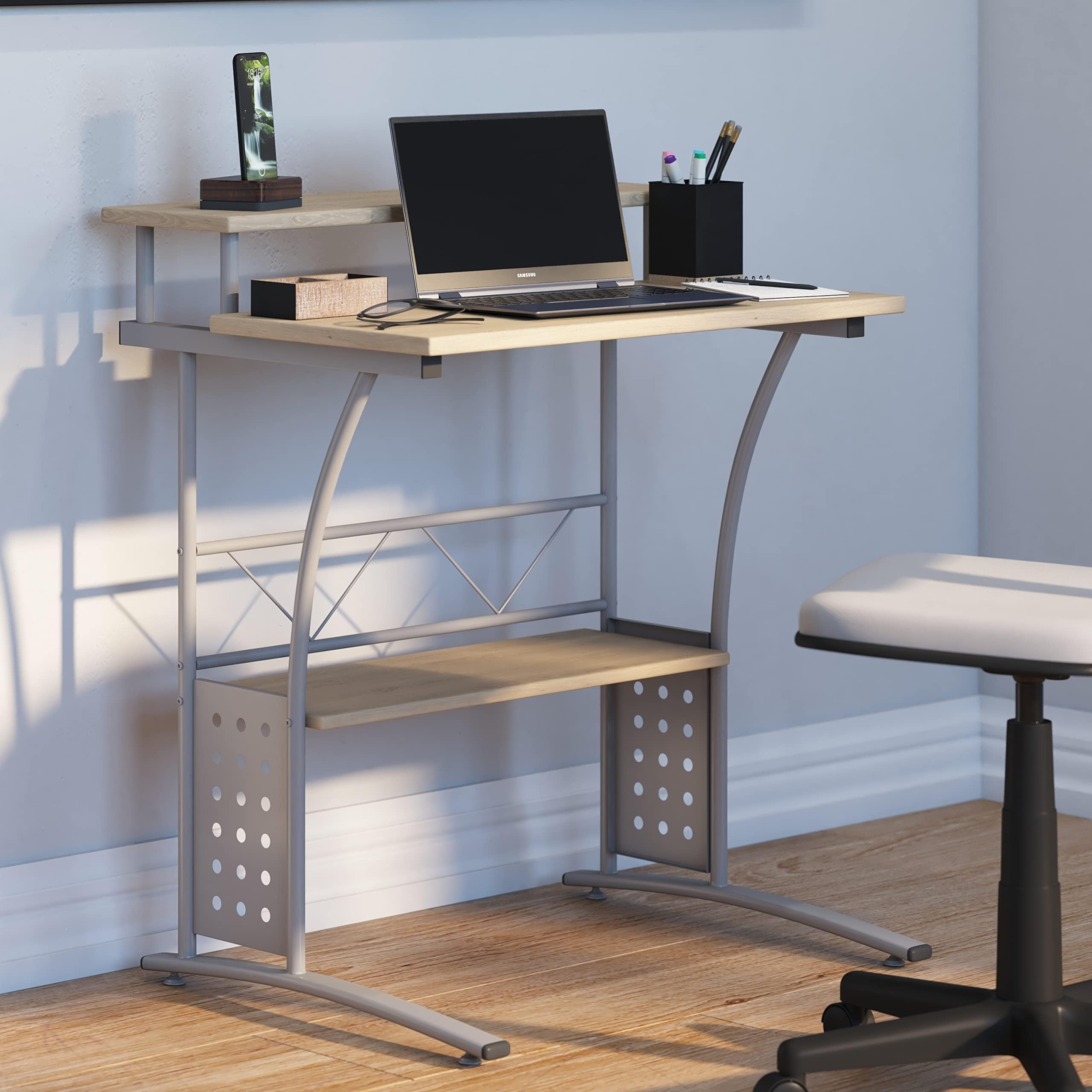 HBCY CreationsSmall Computer Desk - Maple Finish - Silver Steel Frame - 28 Inches Wide - Raised Monitor Platform - Lower Storage Shelf