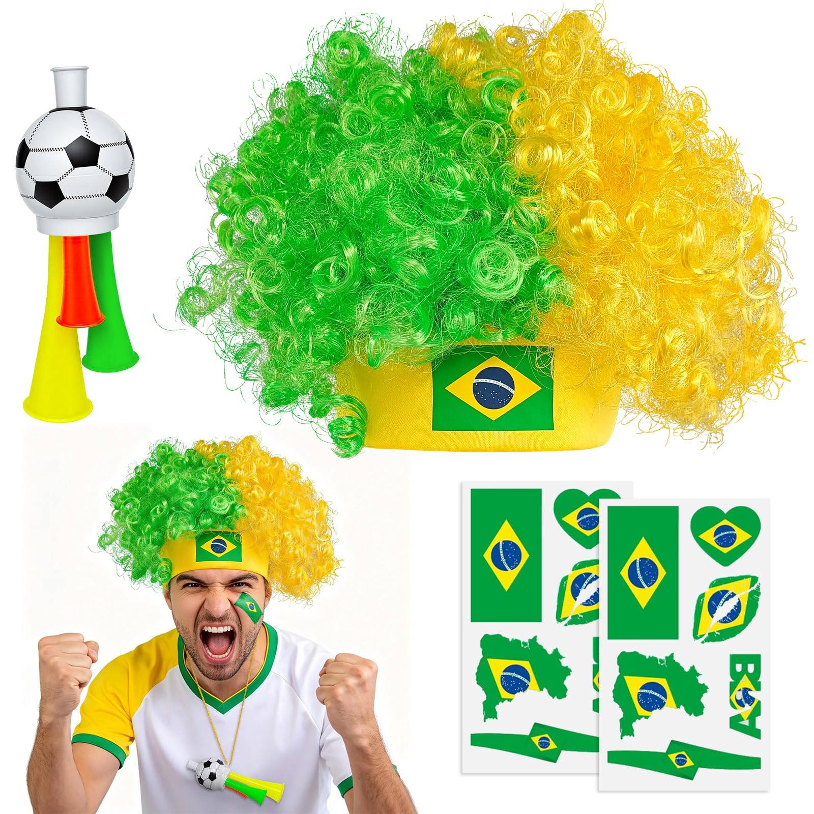 2026 Soccer Fan Gear Set – France Flag Clown Wig, Temporary Tattoos & Loud Horn – Cheer Accessories for International Football Matches, Stadium Parties & Global Tournament Celebrations — view 10