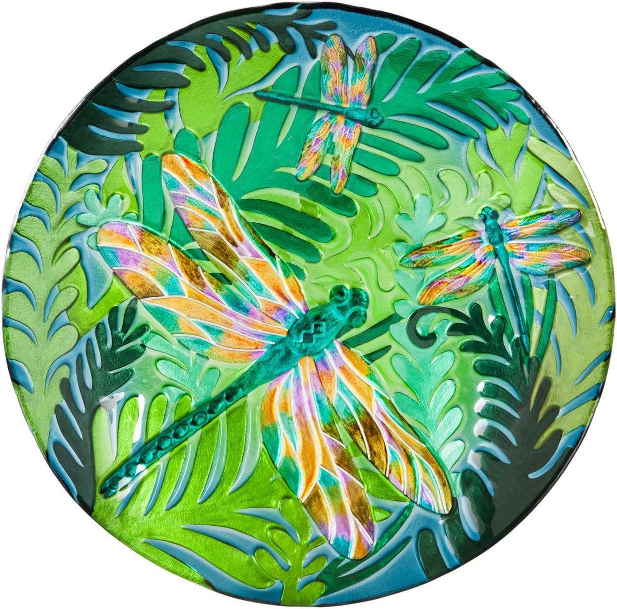 Evergreen Garden Beautiful Summer Iridescent Dragonfly Outdoor Glass Bird Bath - 18 x 18 x 3 Inches Fade and Weather Resistant Outdoor Decoration for Homes, Yards and Gardens